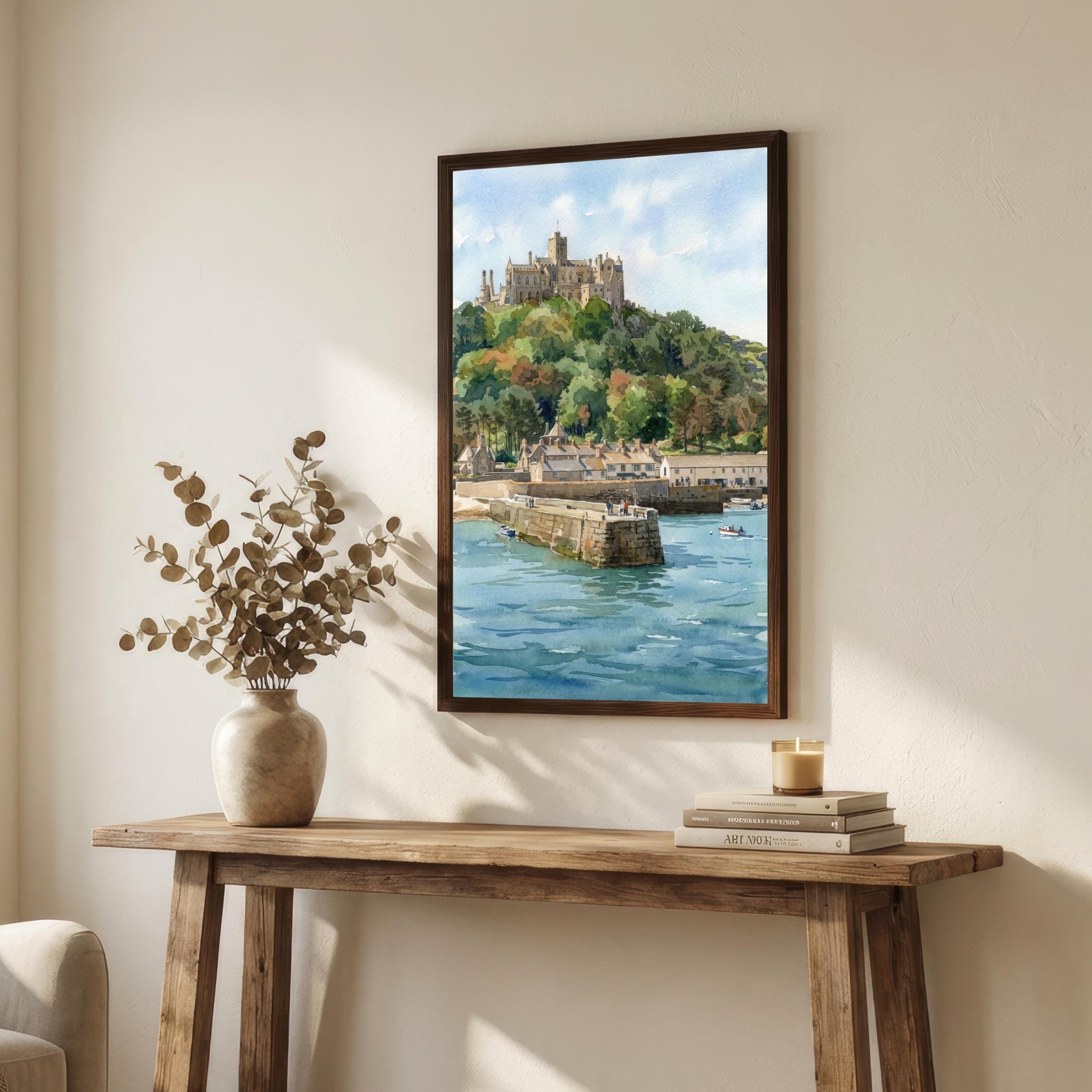 St Michaels Mount Watercolour Print, Cornwall Coastal Castle Landscape Wall Art