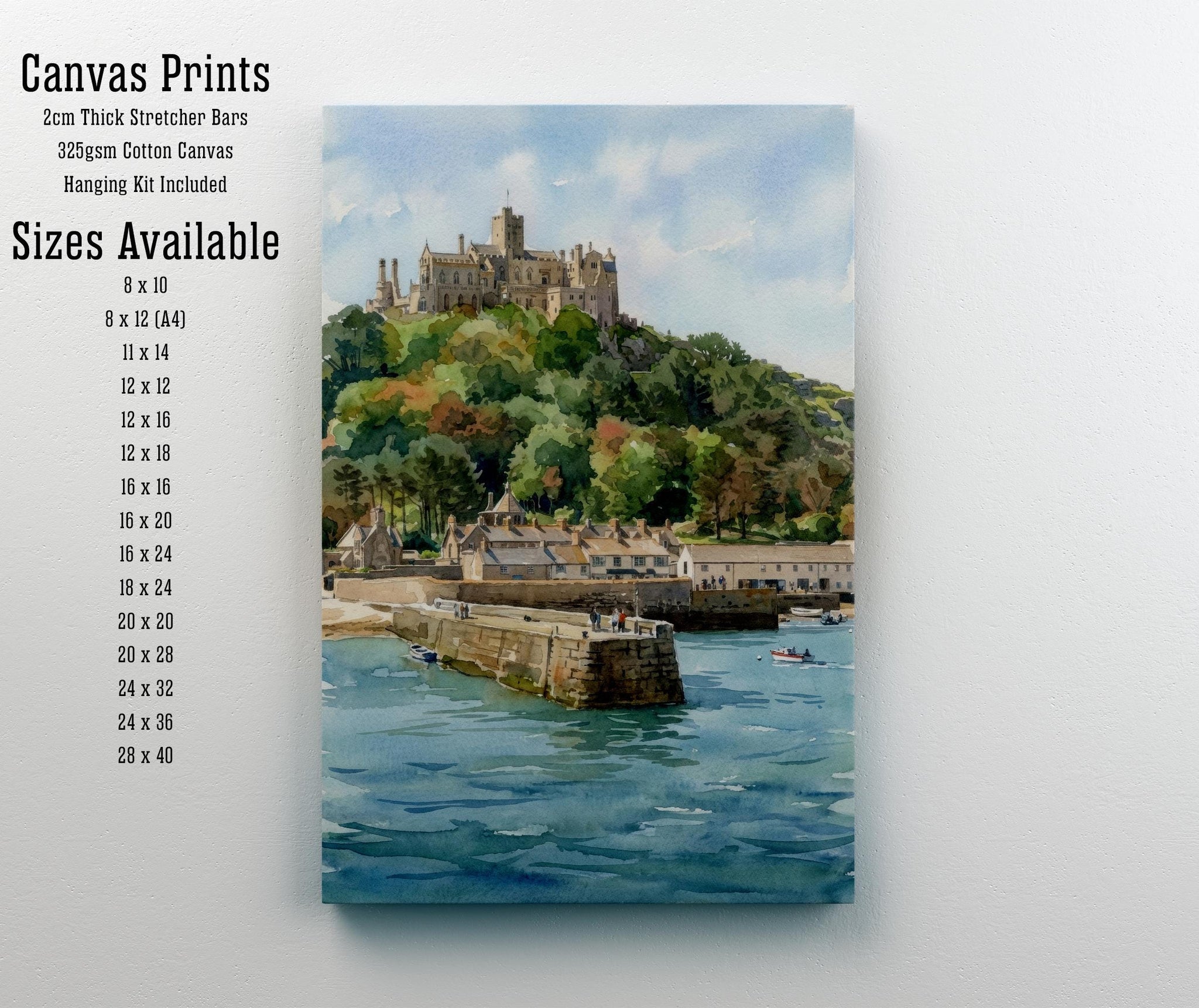 St Michaels Mount Watercolour Print, Cornwall Coastal Castle Landscape Wall Art