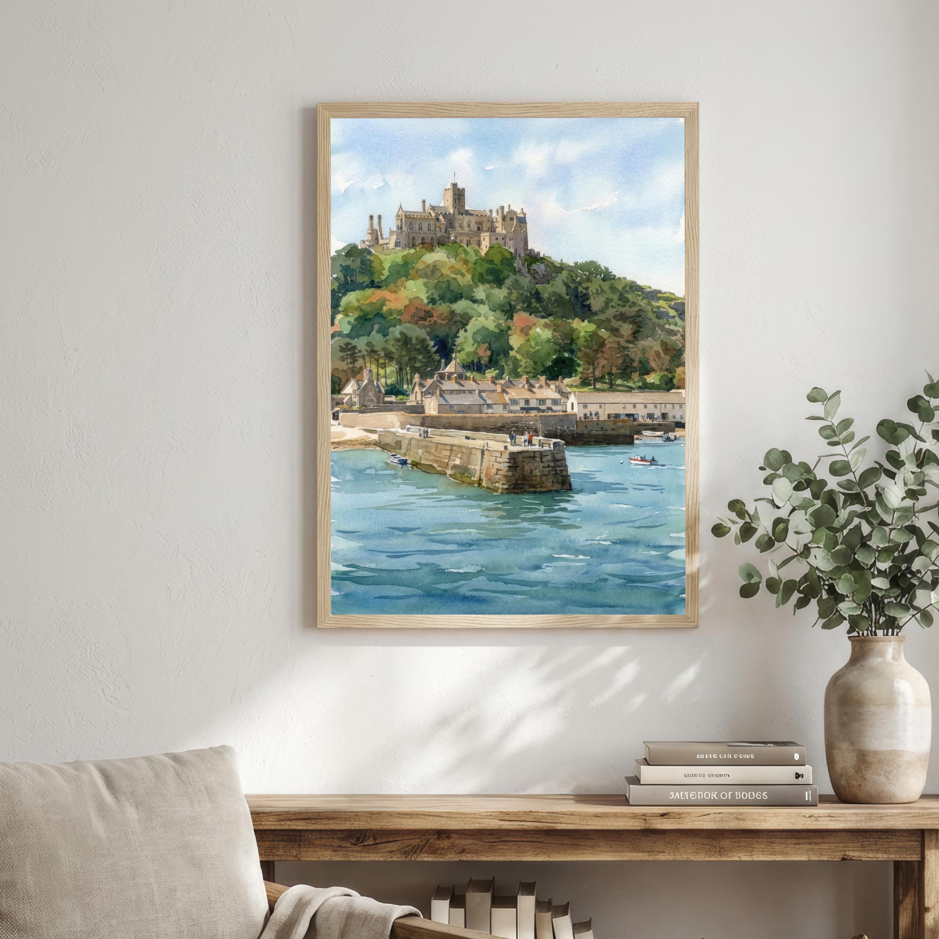 St Michaels Mount Watercolour Print, Cornwall Coastal Castle Landscape Wall Art