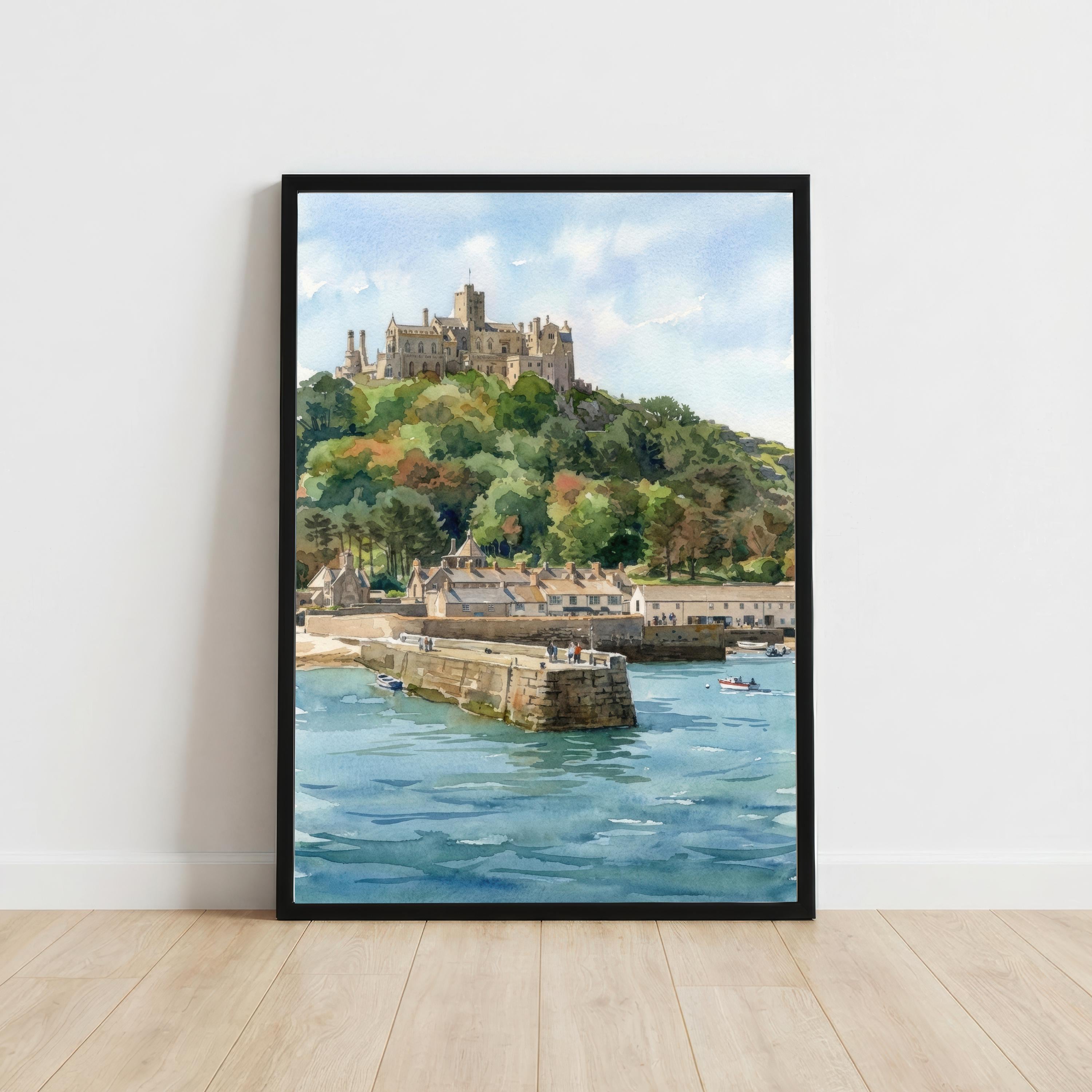 St Michaels Mount Watercolour Print, Cornwall Coastal Castle Landscape Wall Art