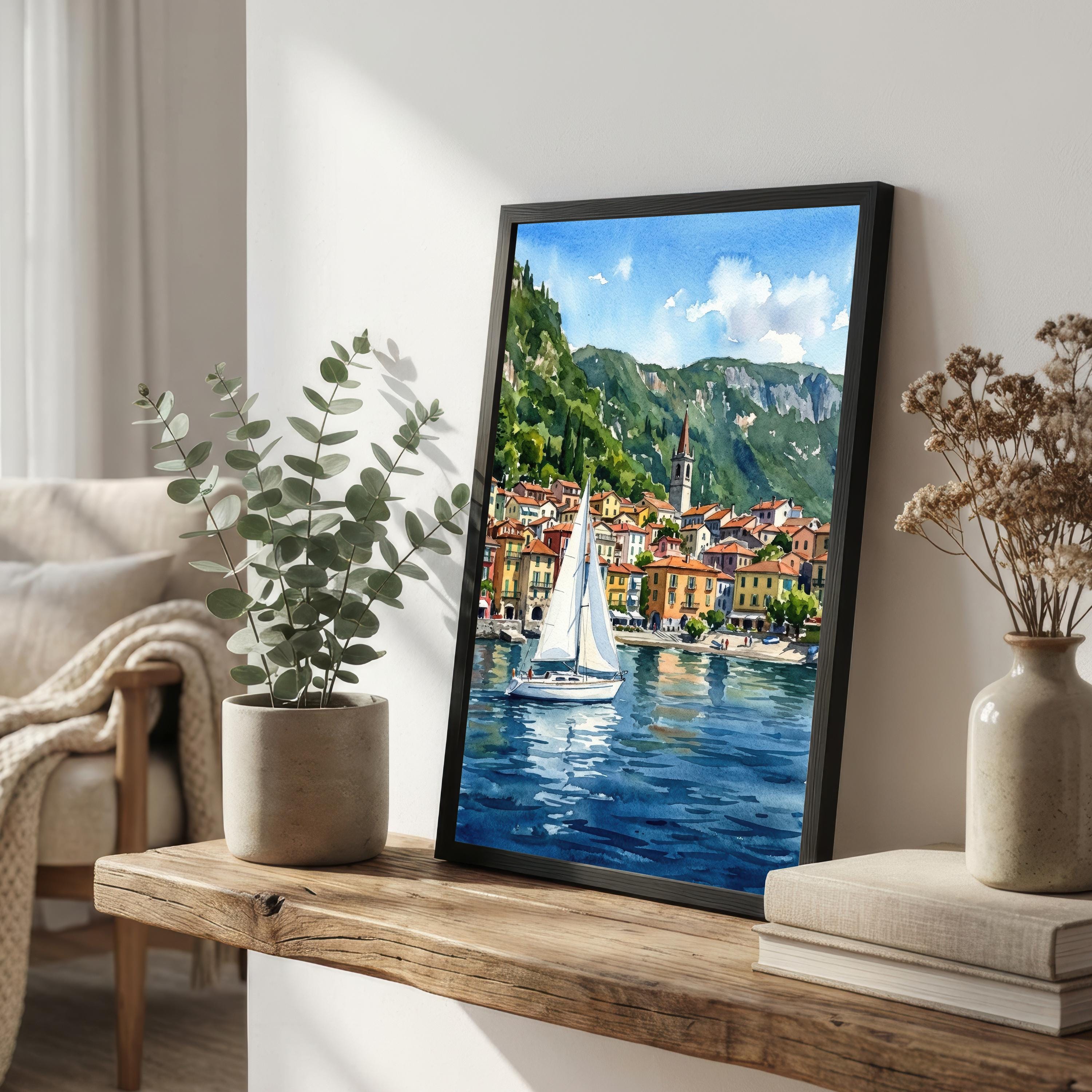 Lake Como Italy Watercolour Painting Print: Alpine Lake Landscape Scenery