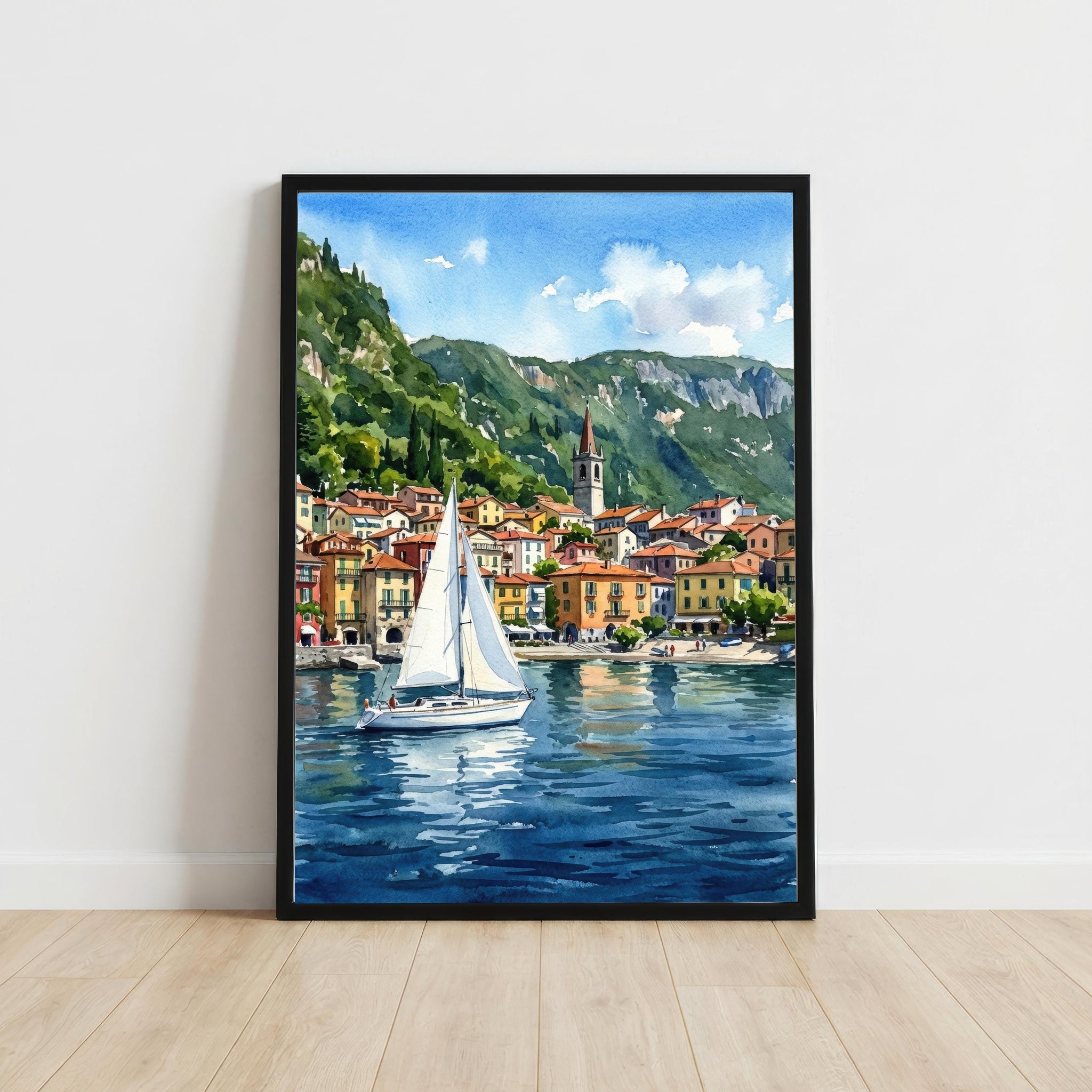 Lake Como Italy Watercolour Painting Print: Alpine Lake Landscape Scenery