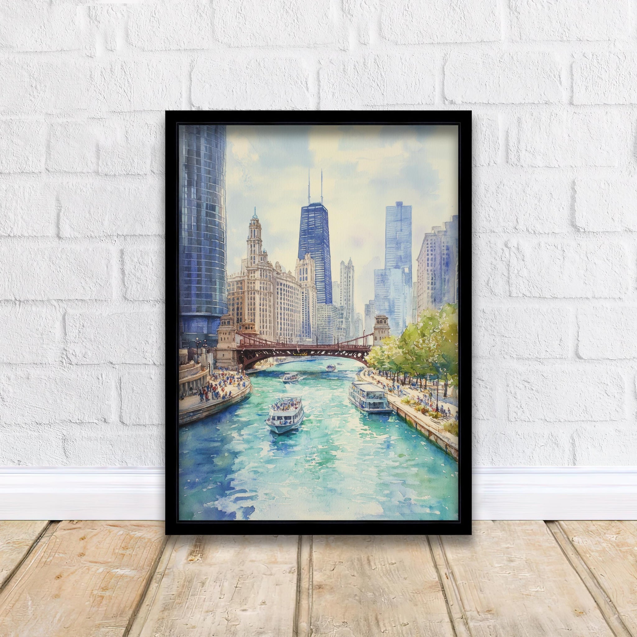 Chicago Watercolor Painting Poster USA Wall Art City Skyline Landscape Print Gift for American Travel Lovers and Fans of Scenic Illinois