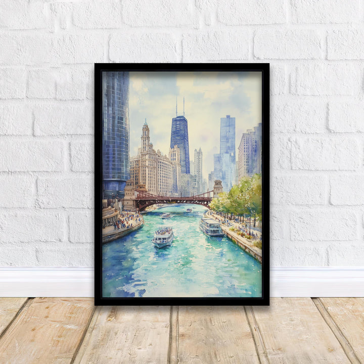 Chicago Watercolor Painting Poster USA Wall Art City Skyline Landscape Print Gift for American Travel Lovers and Fans of Scenic Illinois