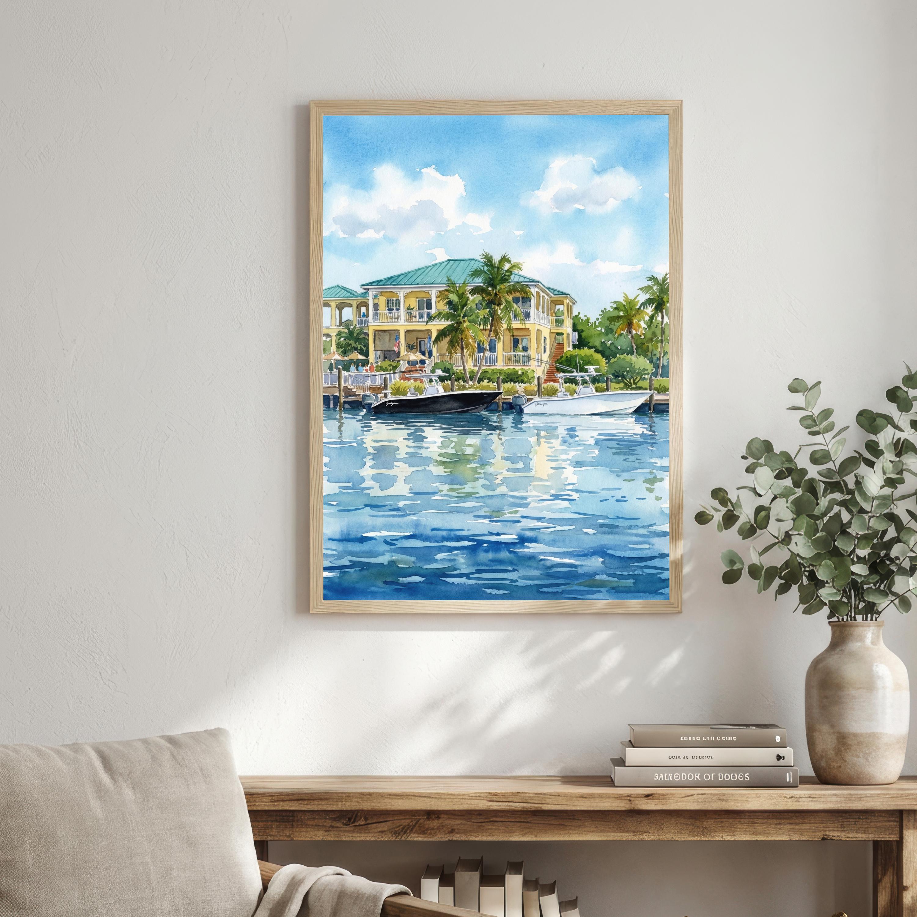 Key West Watercolor Painting Poster Florida USA Wall Art Coastal Island Landscape Print Gift for Travel Lovers and Scenic Decor Fans