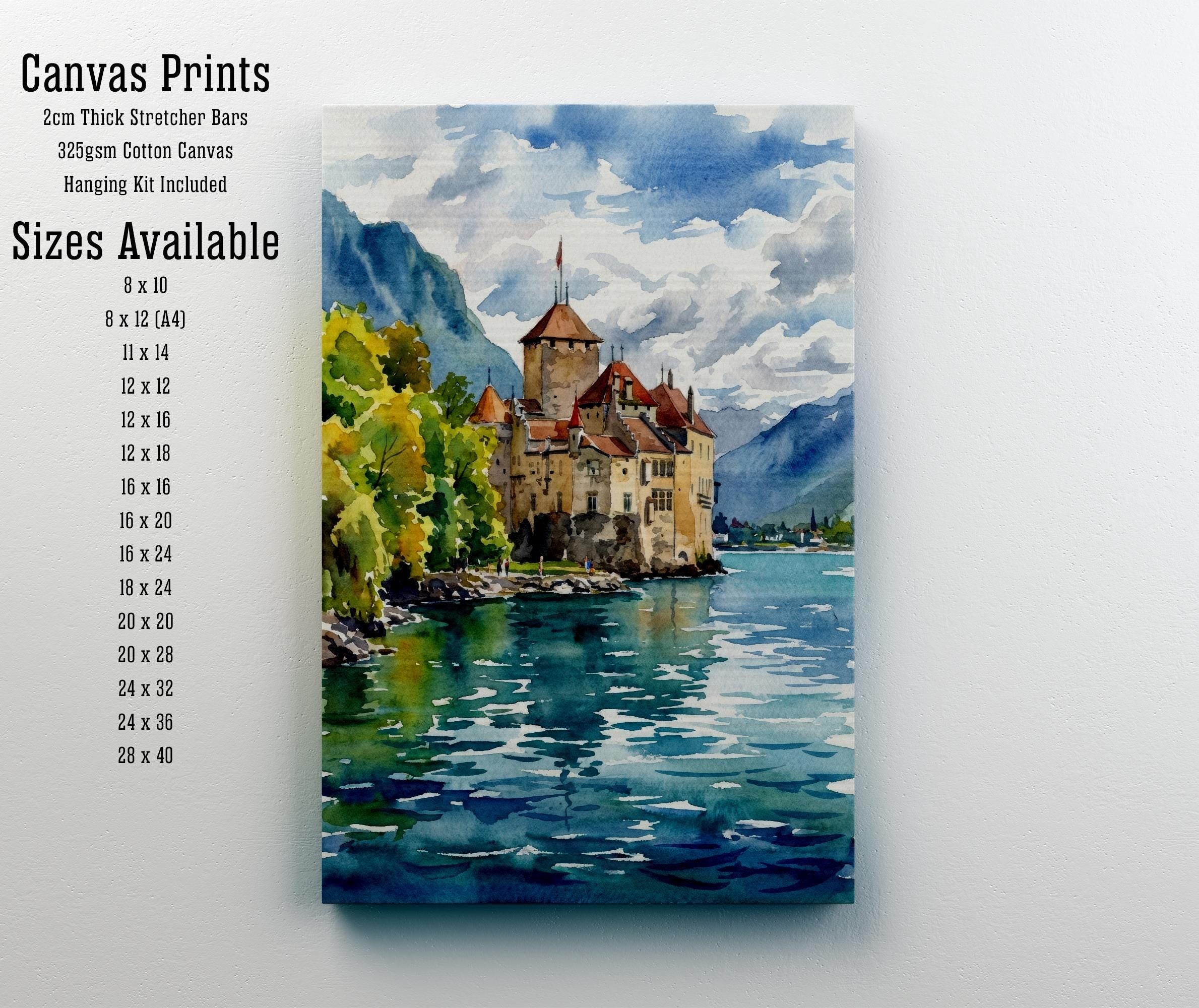 Montreux Lake Geneva Watercolour Print Alpine Landscape Wall Art Switzerland