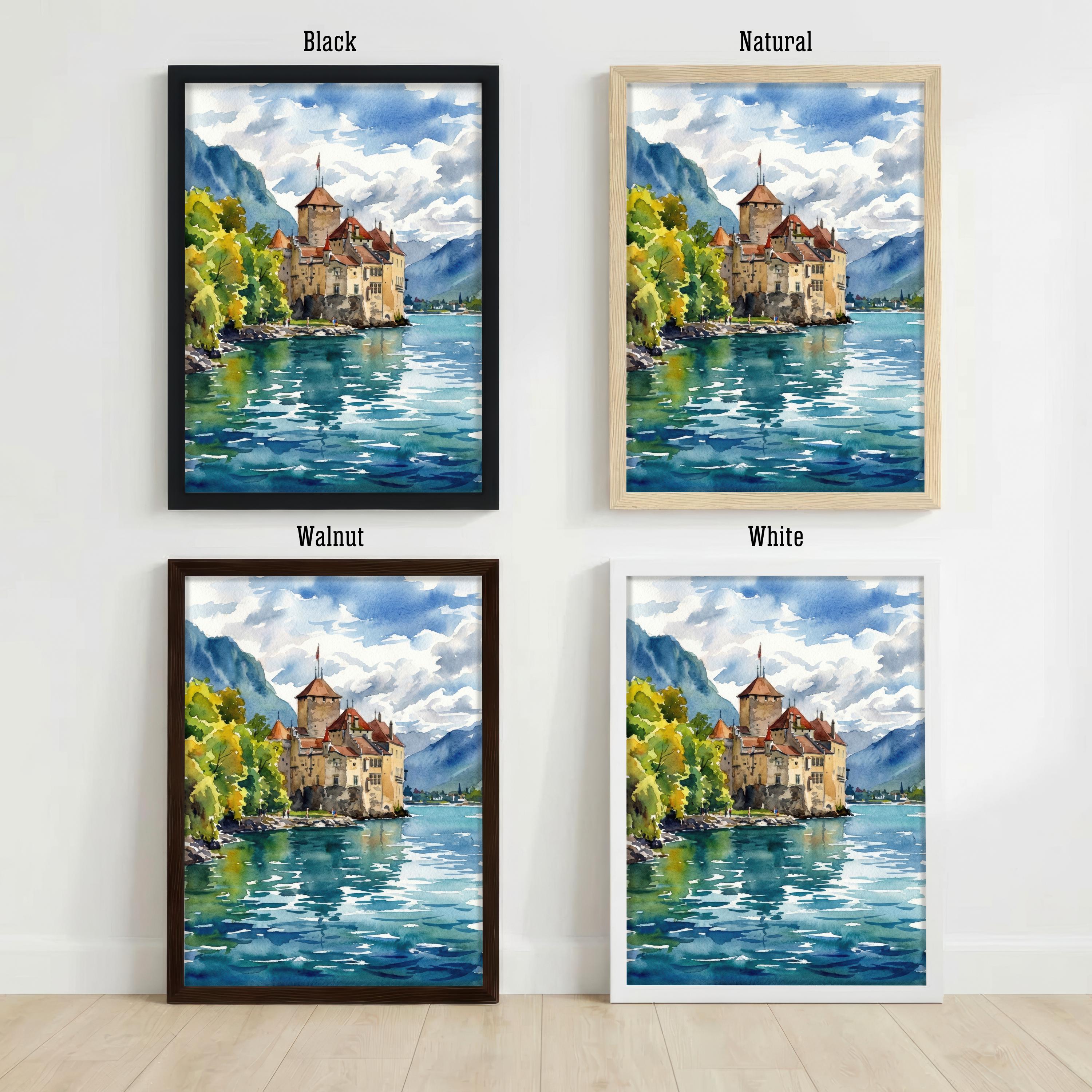 Montreux Lake Geneva Watercolour Print Alpine Landscape Wall Art Switzerland