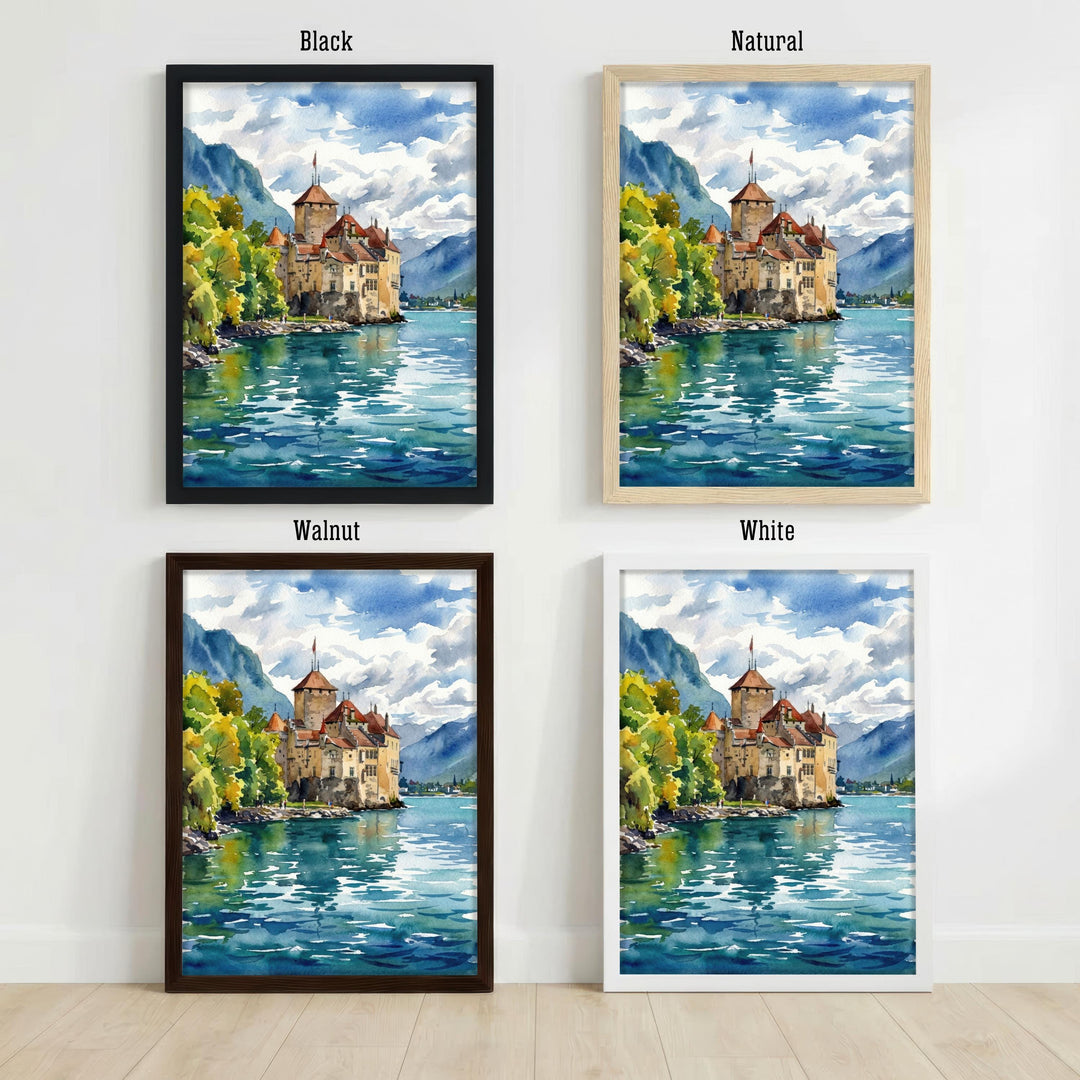 Montreux Lake Geneva Watercolour Print Alpine Landscape Wall Art Switzerland