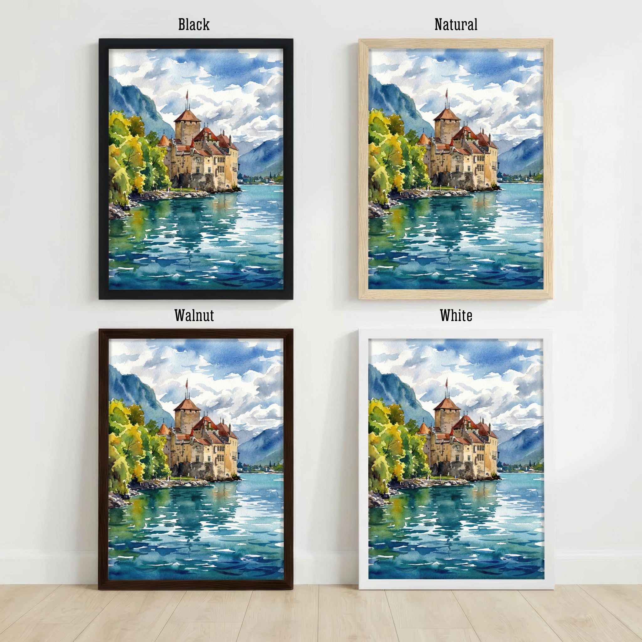 Montreux Lake Geneva Watercolour Print Alpine Landscape Wall Art Switzerland