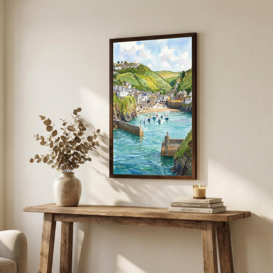 Port Isaac Harbour Watercolour Painting Poster Cornwall England Wall Art Coastal Village Landscape