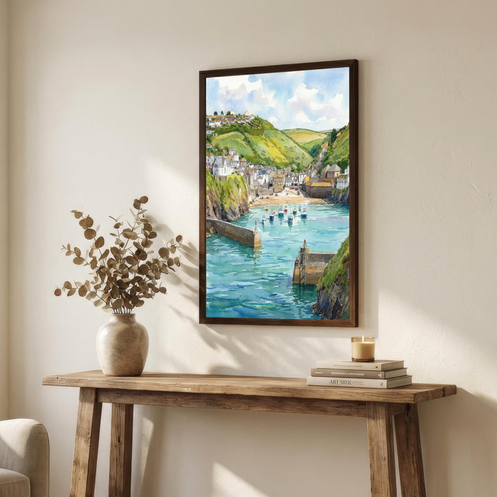 Port Isaac Harbour Watercolour Painting Poster Cornwall England Wall Art Coastal Village Landscape