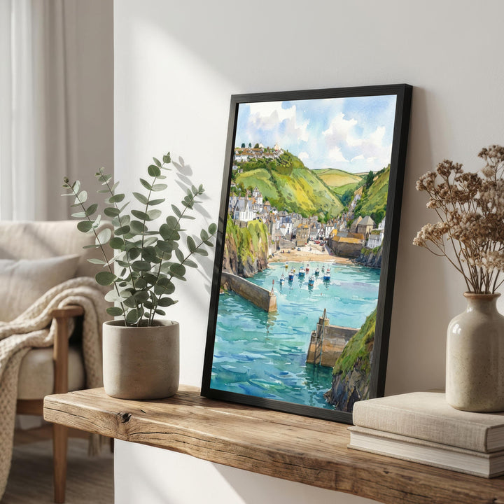 Port Isaac Harbour Watercolour Painting Poster Cornwall England Wall Art Coastal Village Landscape