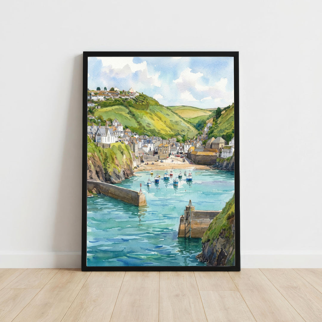 Port Isaac Harbour Watercolour Painting Poster Cornwall England Wall Art Coastal Village Landscape