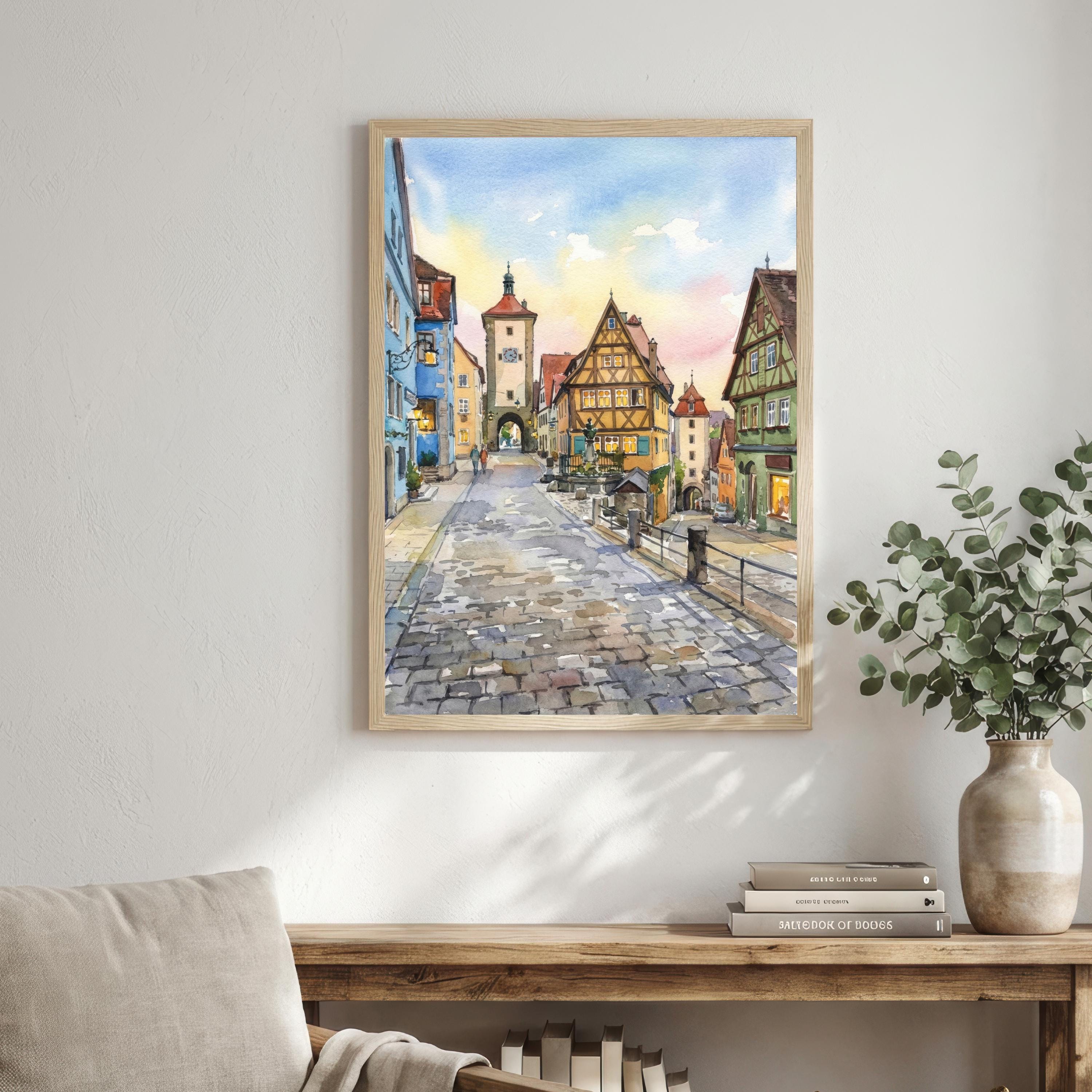 Rothenburg Watercolor Painting Poster Historic Germany Town Landscape Print