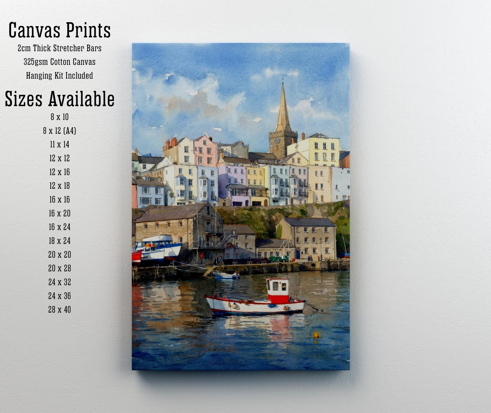 Tenby Watercolour Painting Poster, Wales Coastal Town Landscape Print, Scenic Decor