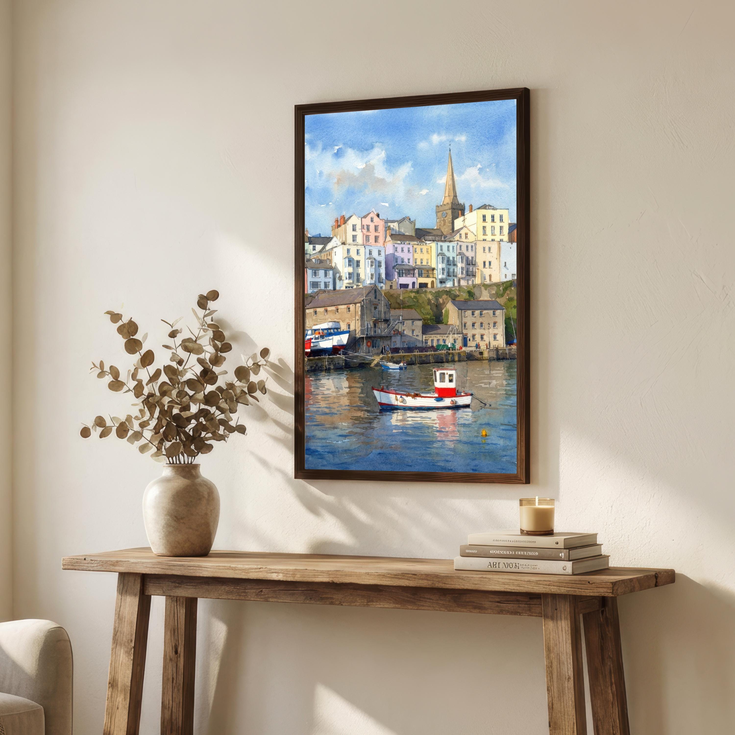 Tenby Watercolour Painting Poster, Wales Coastal Town Landscape Print, Scenic Decor