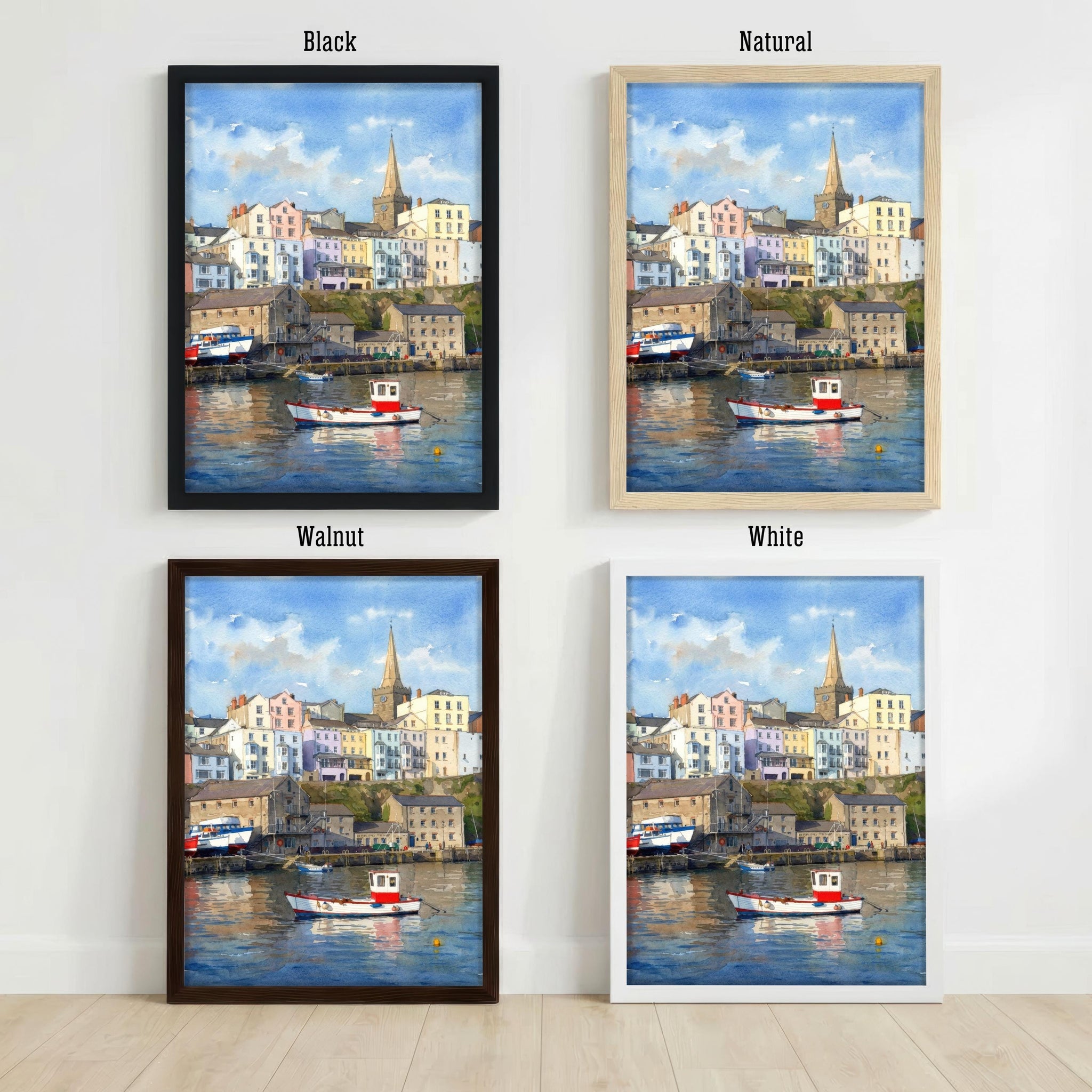 Tenby Watercolour Painting Poster, Wales Coastal Town Landscape Print, Scenic Decor