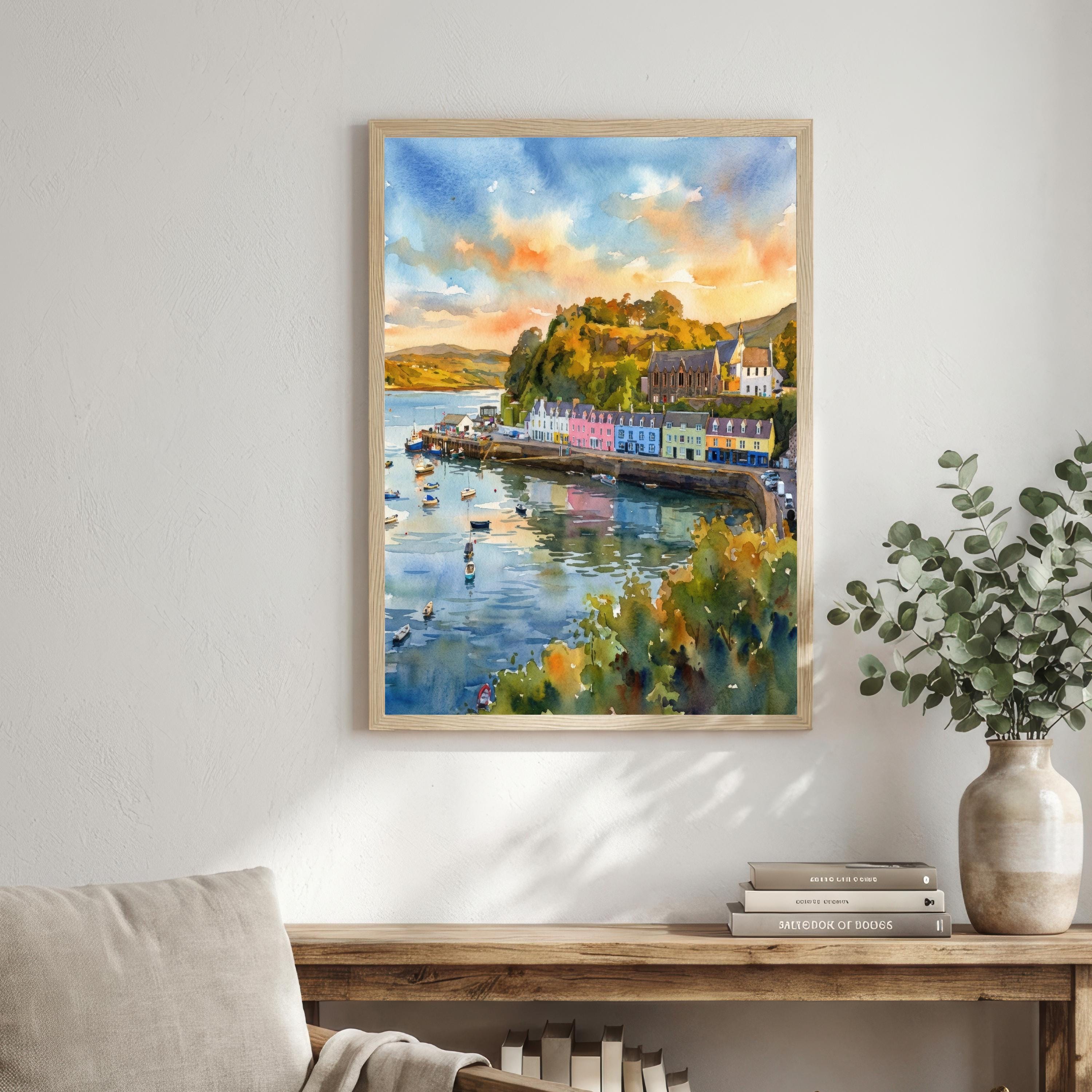 Portree Harbour Isle of Skye Watercolour Painting Poster Scotland Wall Art Coastal Village Landscape Print Gift for UK Travel Lovers