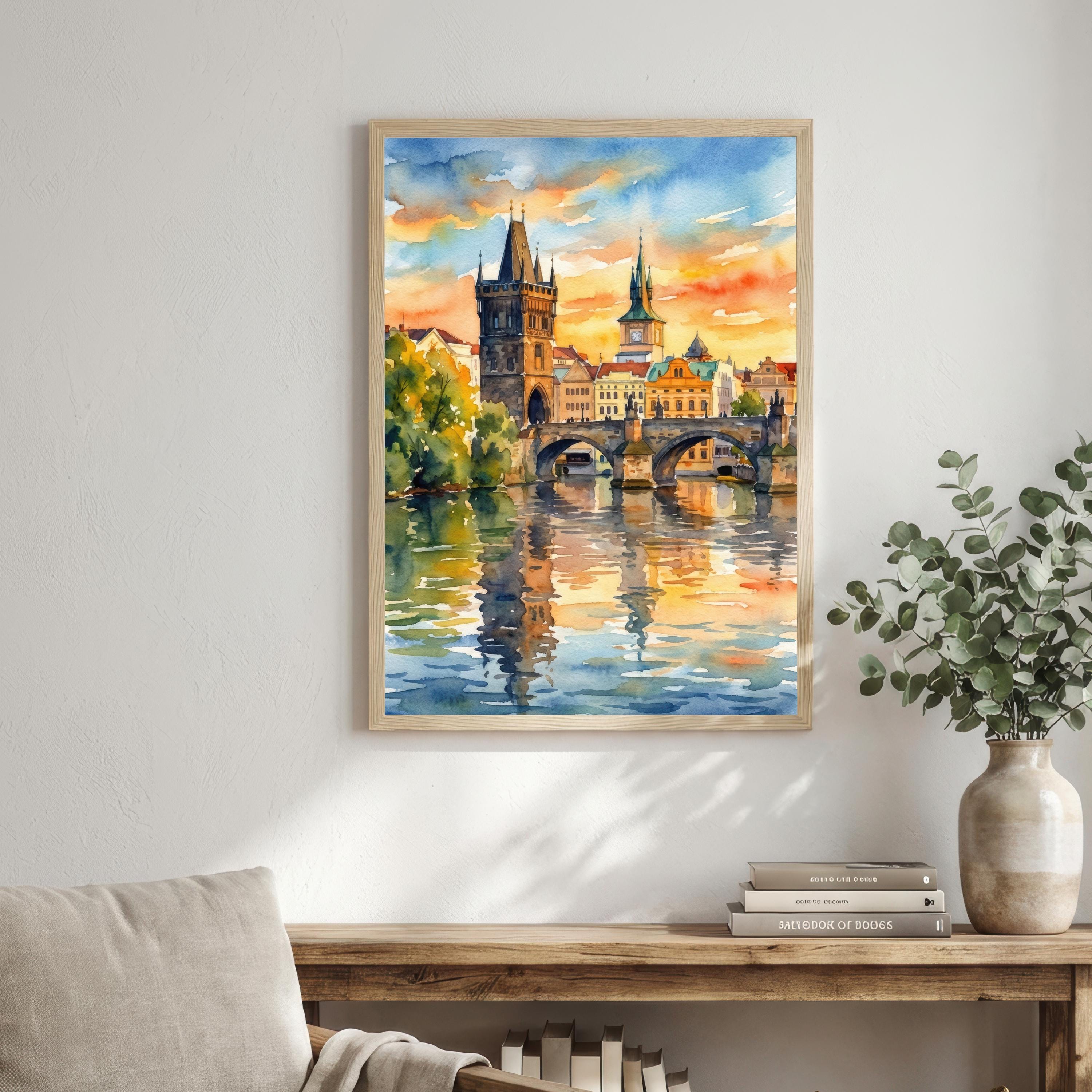 Charles Bridge Prague Watercolour Painting Poster Czech Republic Wall Art Historic City Landscape Print Gift for Europe Travel Lovers