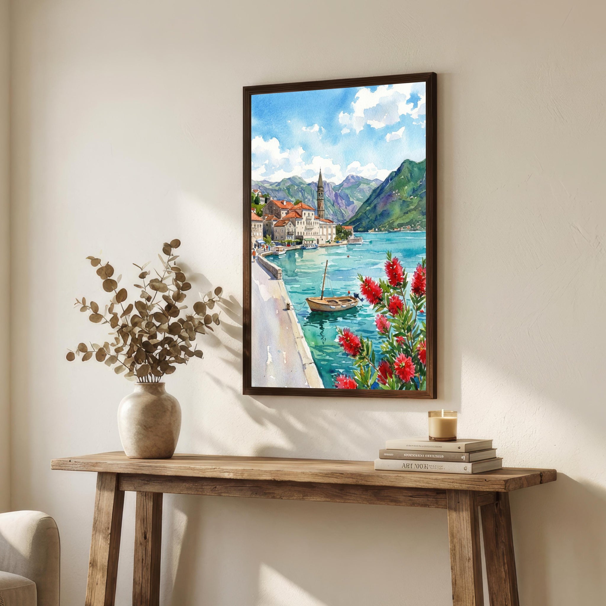 Kotor Montenegro Watercolour Painting Poster Coastal City Landscape Print Gift for Europe Travel Lovers and Scenic Decor Fans
