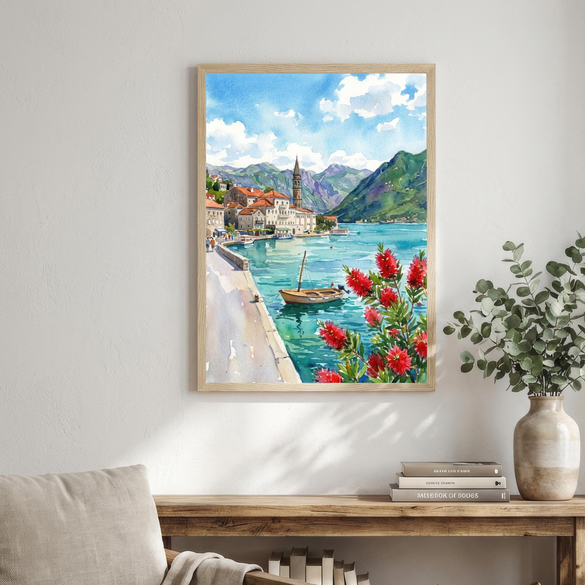 Kotor Montenegro Watercolour Painting Poster Coastal City Landscape Print Gift for Europe Travel Lovers and Scenic Decor Fans
