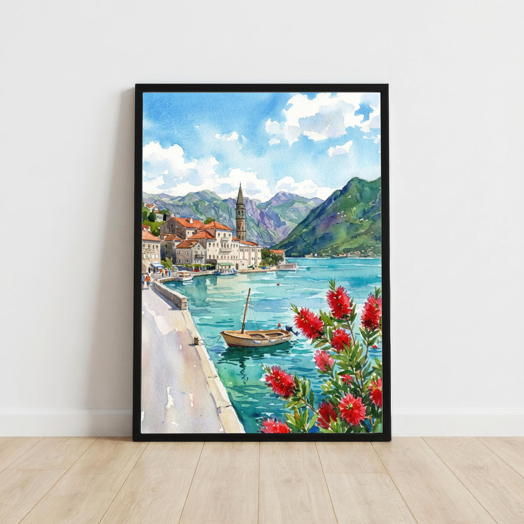 Kotor Montenegro Watercolour Painting Poster Coastal City Landscape Print Gift for Europe Travel Lovers and Scenic Decor Fans
