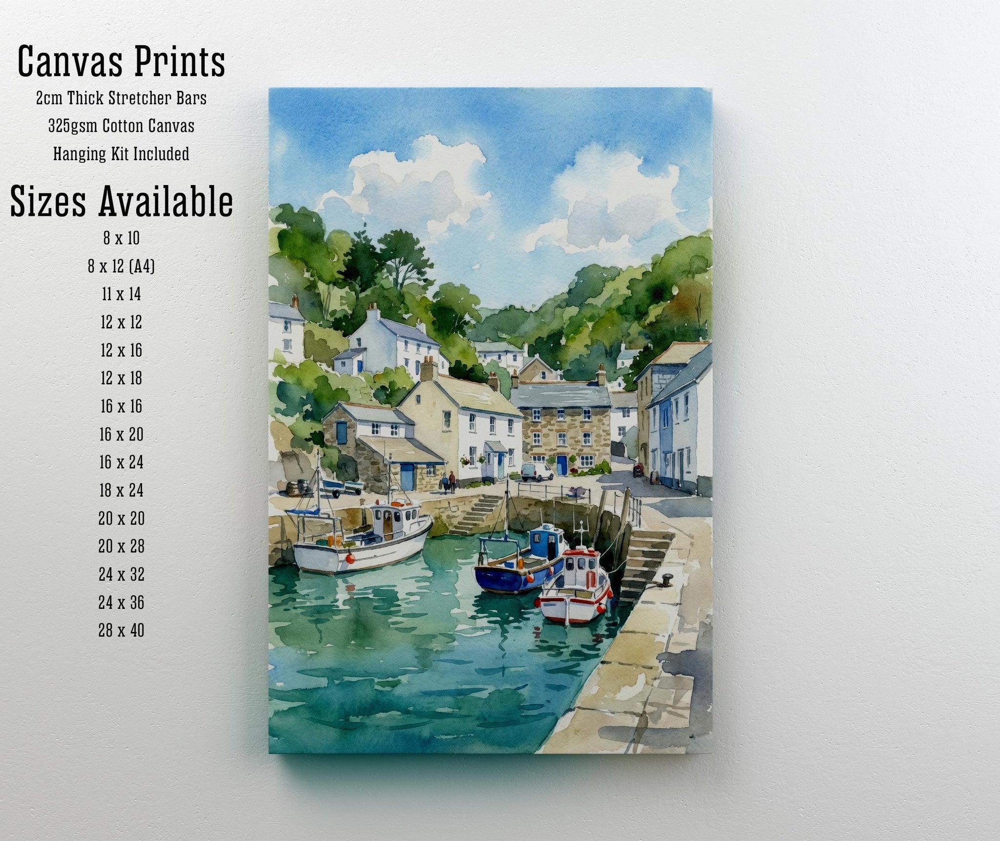 Polperro Harbour Cornwall Watercolour Painting Poster England Wall Art Coastal Village Landscape Print Gift for UK Travel Lovers