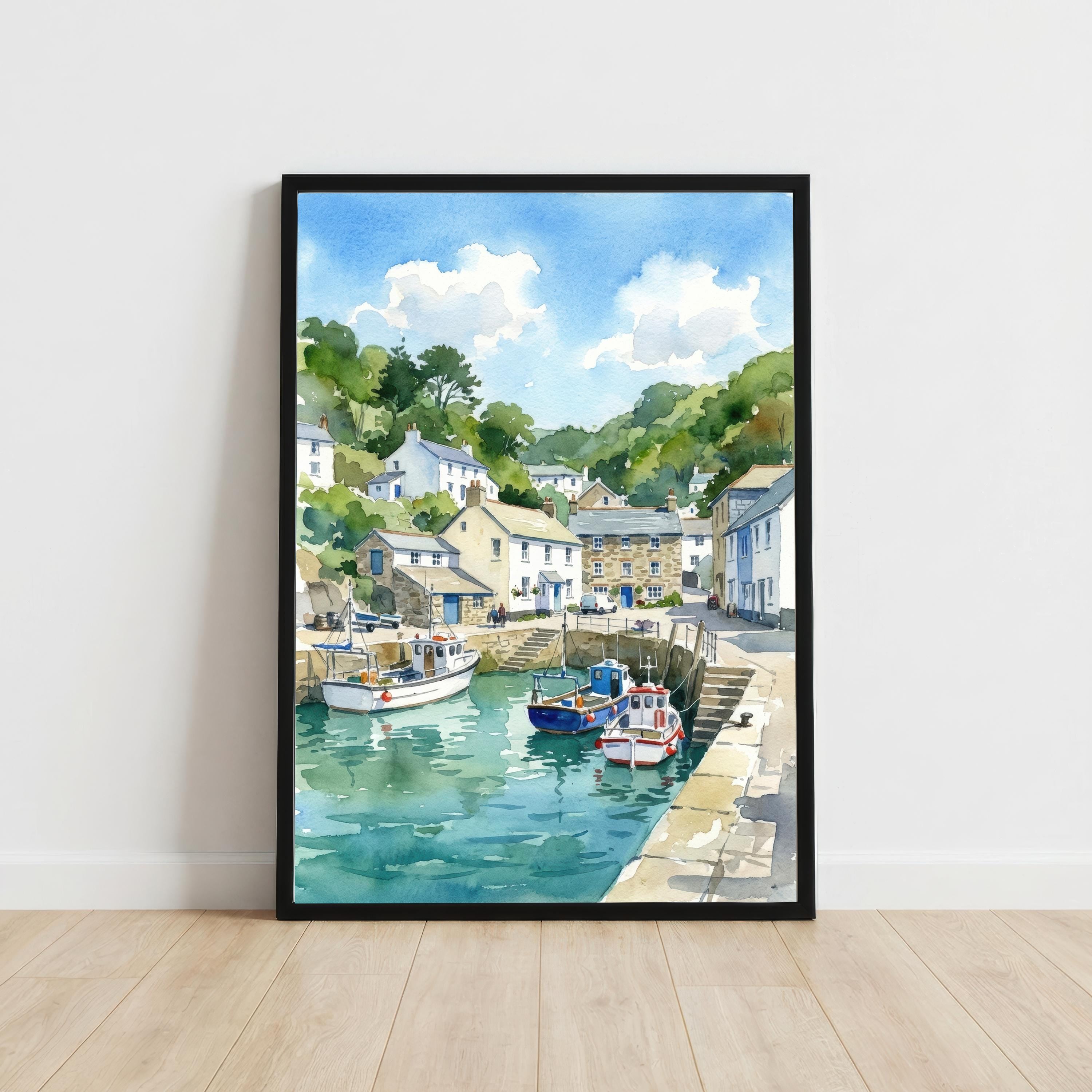 Polperro Harbour Cornwall Watercolour Painting Poster England Wall Art Coastal Village Landscape Print Gift for UK Travel Lovers