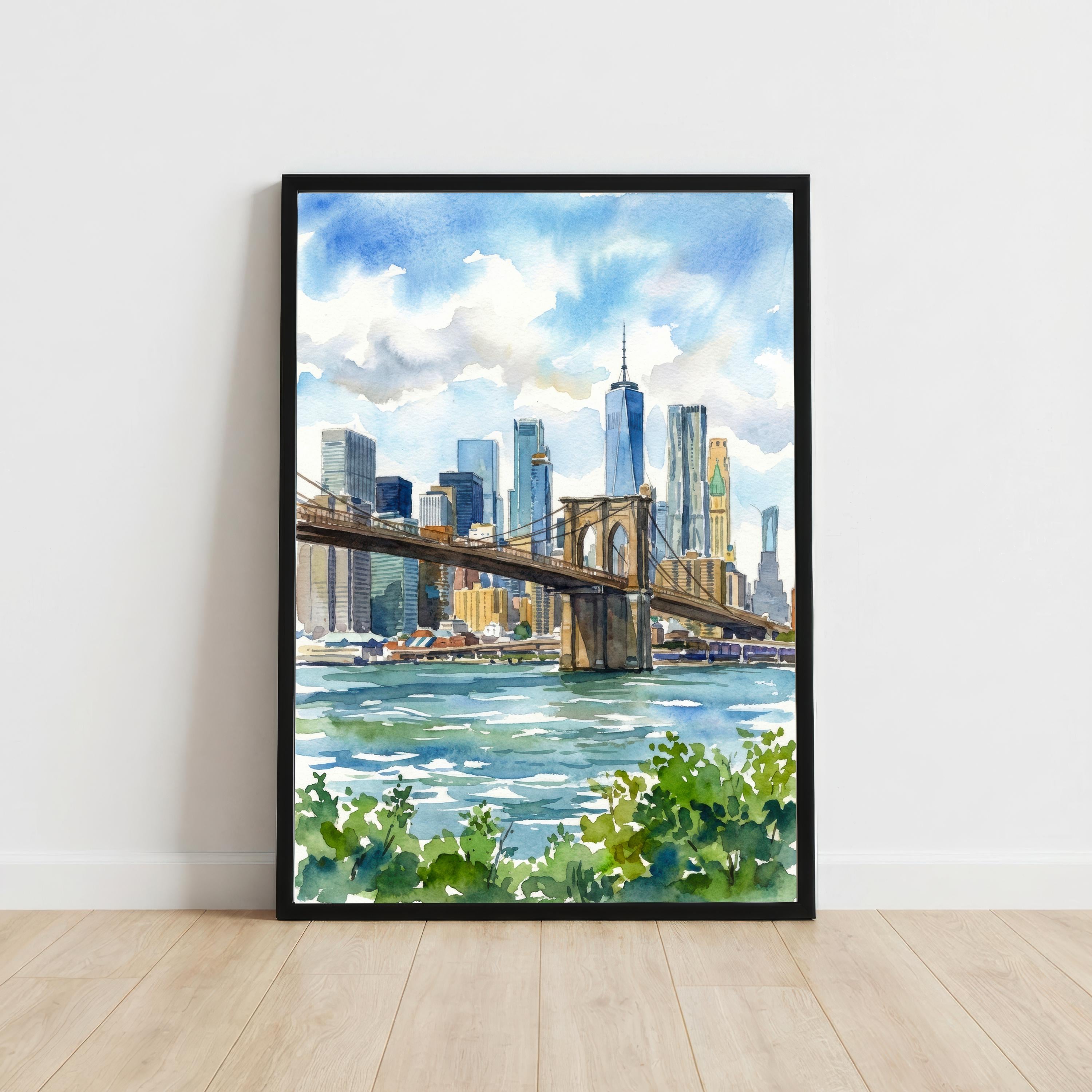 Brooklyn Bridge Watercolour Painting Poster New York City Wall Art Skyline Landscape Print Gift for USA Travel Lovers and Fans of Urban