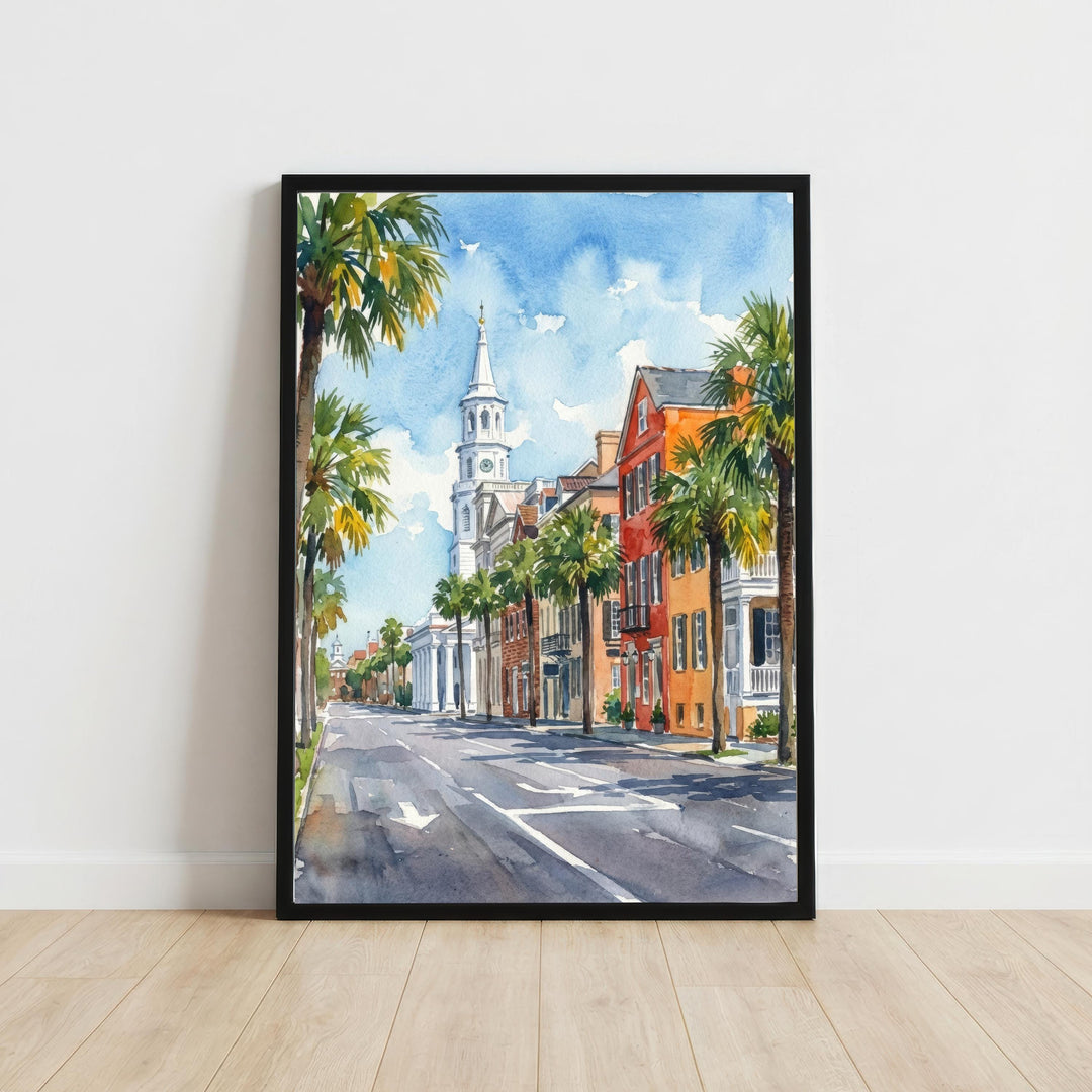 Charleston South Carolina Watercolor Painting Poster USA Wall Art Historic City Landscape Print Gift for Travel Lovers and Fans of Southern