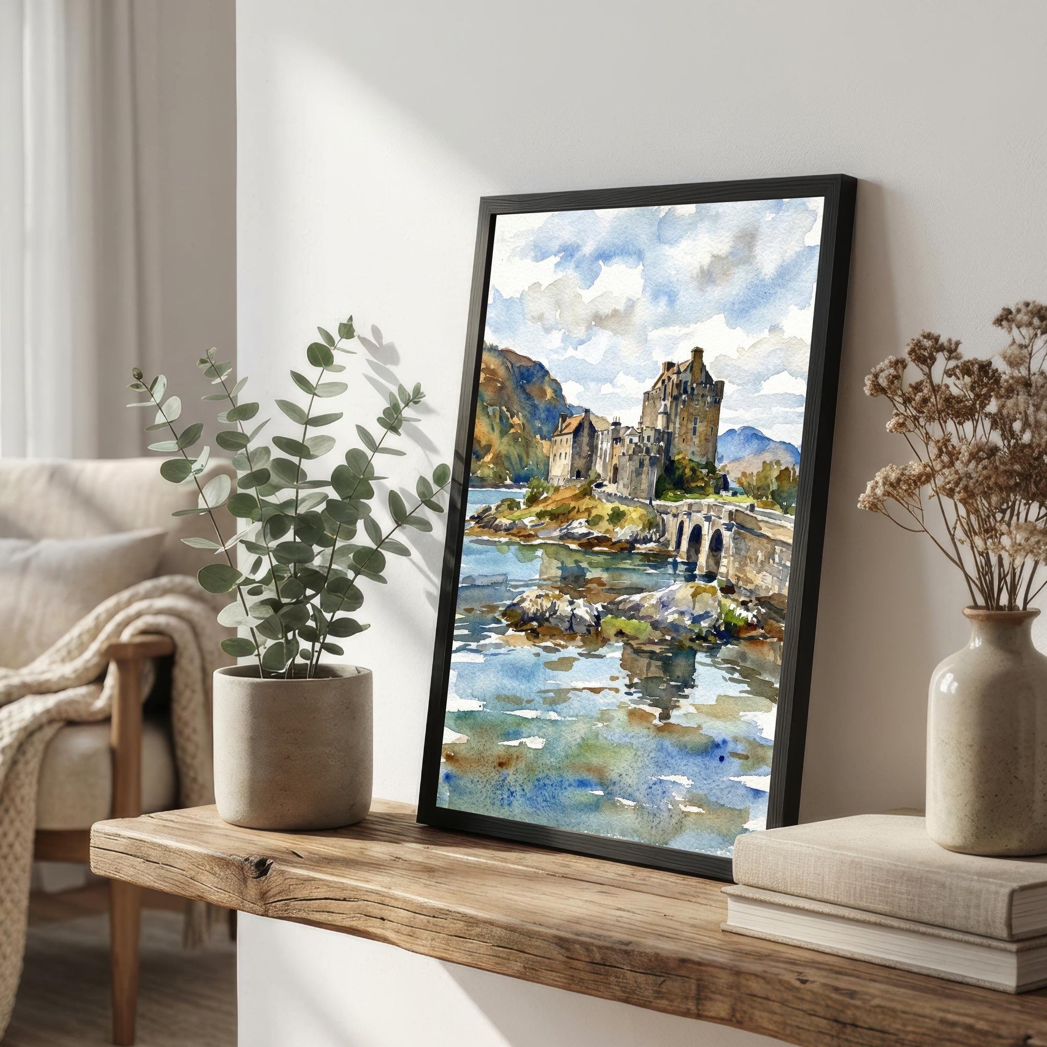 Eilean Donan Castle Scotland Watercolour Painting Poster Wall Art Highland Landscape Print Gift for UK Travel Lovers and Scenic Historic