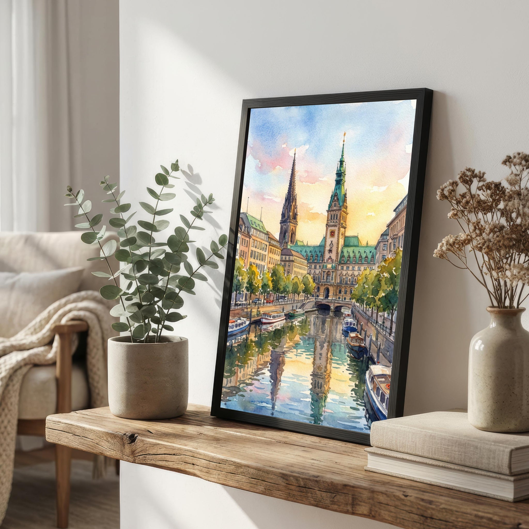 Hamburg Watercolour Painting Poster Germany Wall Art City Skyline Landscape Print Gift for Europe Travel Lovers and Fans of Scenic Urban