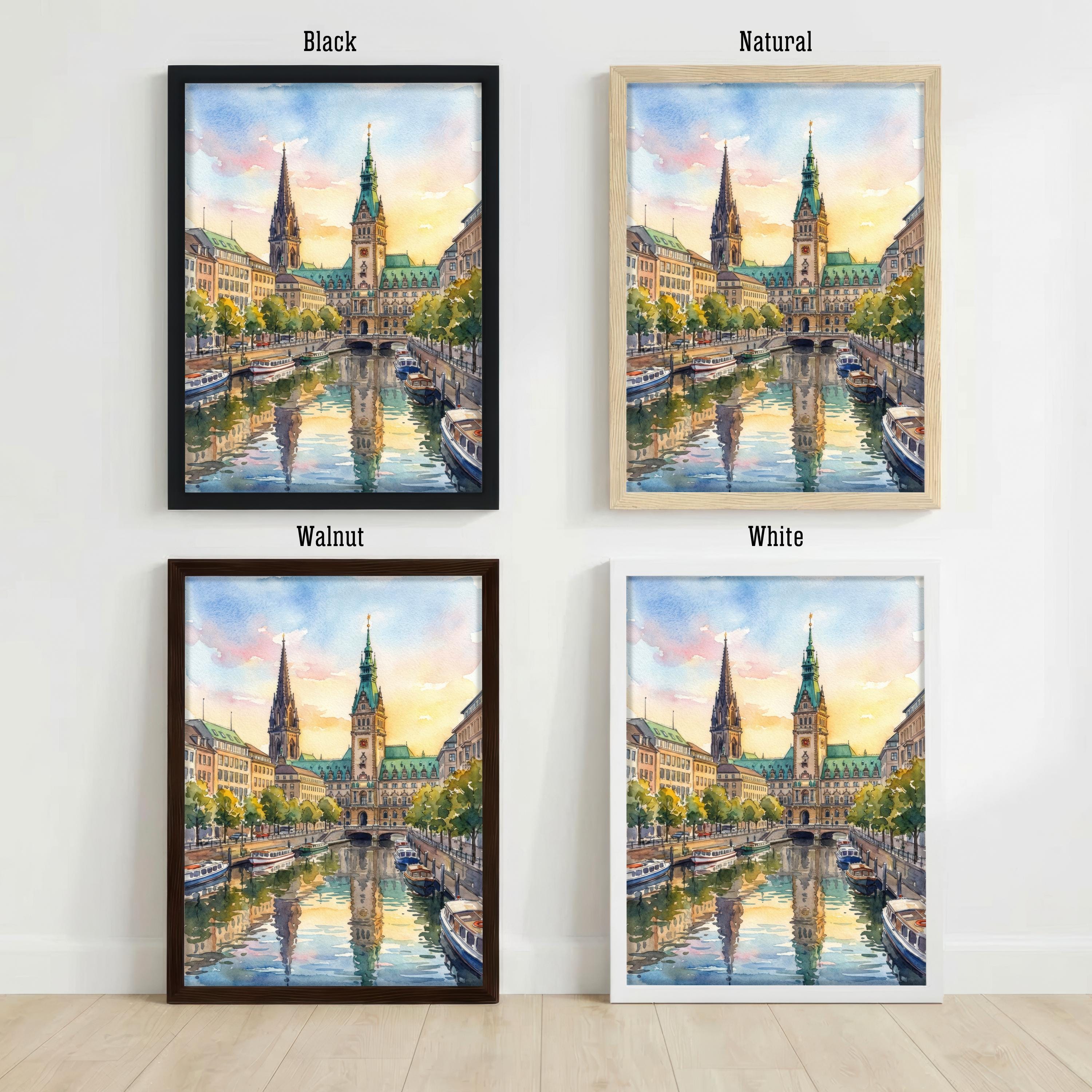 Hamburg Watercolour Painting Poster Germany Wall Art City Skyline Landscape Print Gift for Europe Travel Lovers and Fans of Scenic Urban