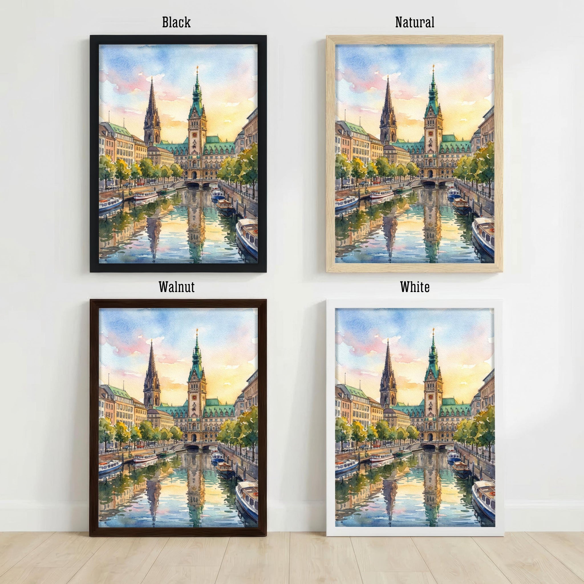 Hamburg Watercolour Painting Poster Germany Wall Art City Skyline Landscape Print Gift for Europe Travel Lovers and Fans of Scenic Urban