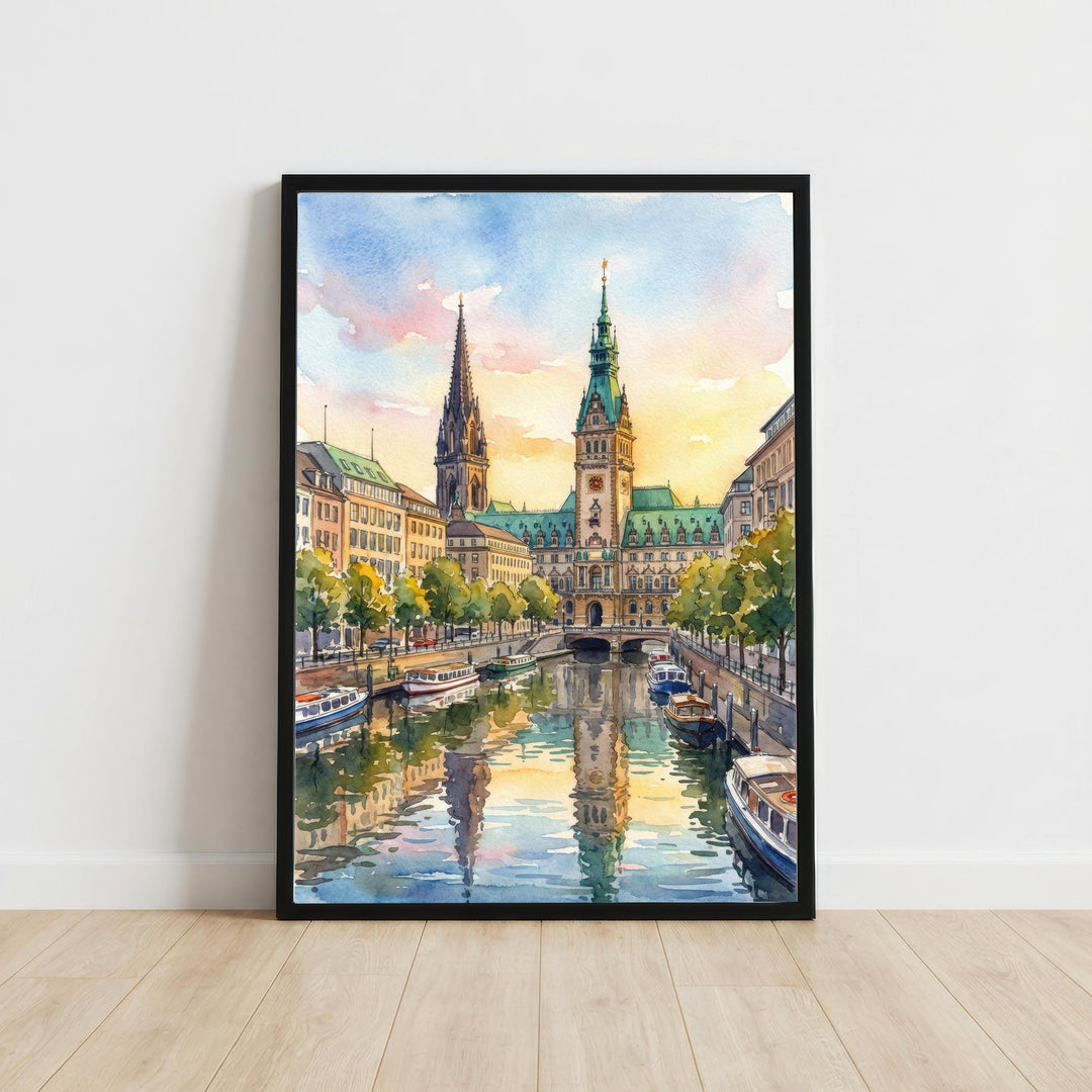 Hamburg Watercolour Painting Poster Germany Wall Art City Skyline Landscape Print Gift for Europe Travel Lovers and Fans of Scenic Urban