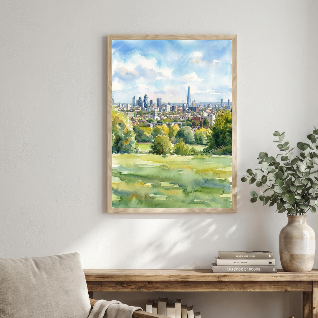 Hampstead Heath Watercolour Painting Poster London England Wall Art Landscape Print Gift for UK Travel Lovers and Fans of Scenic Park Decor