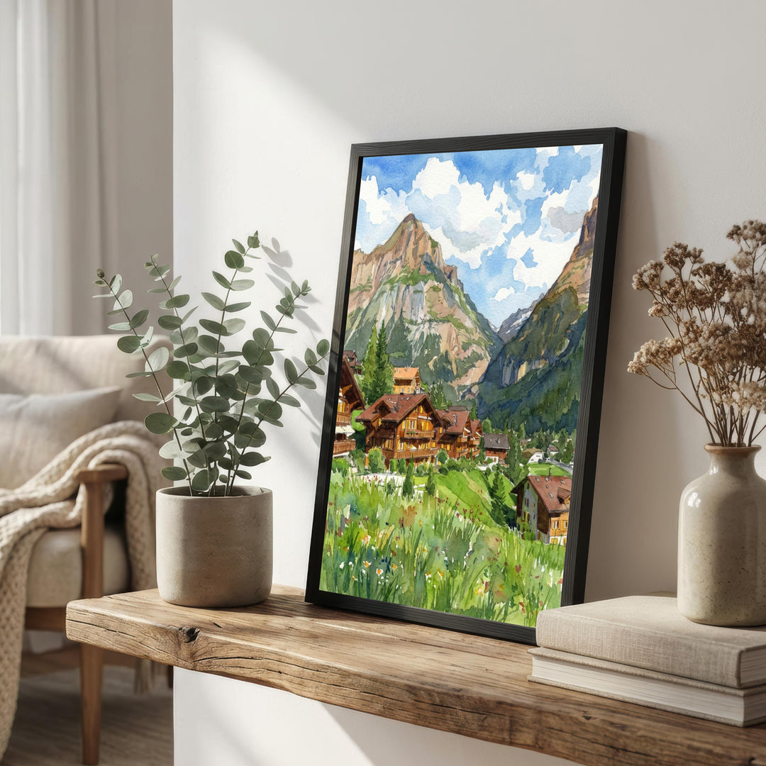 Grindelwald Watercolour Painting Poster Switzerland Wall Art Alpine Mountain Landscape Print Gift for Europe Travel Lovers and Scenic Decor