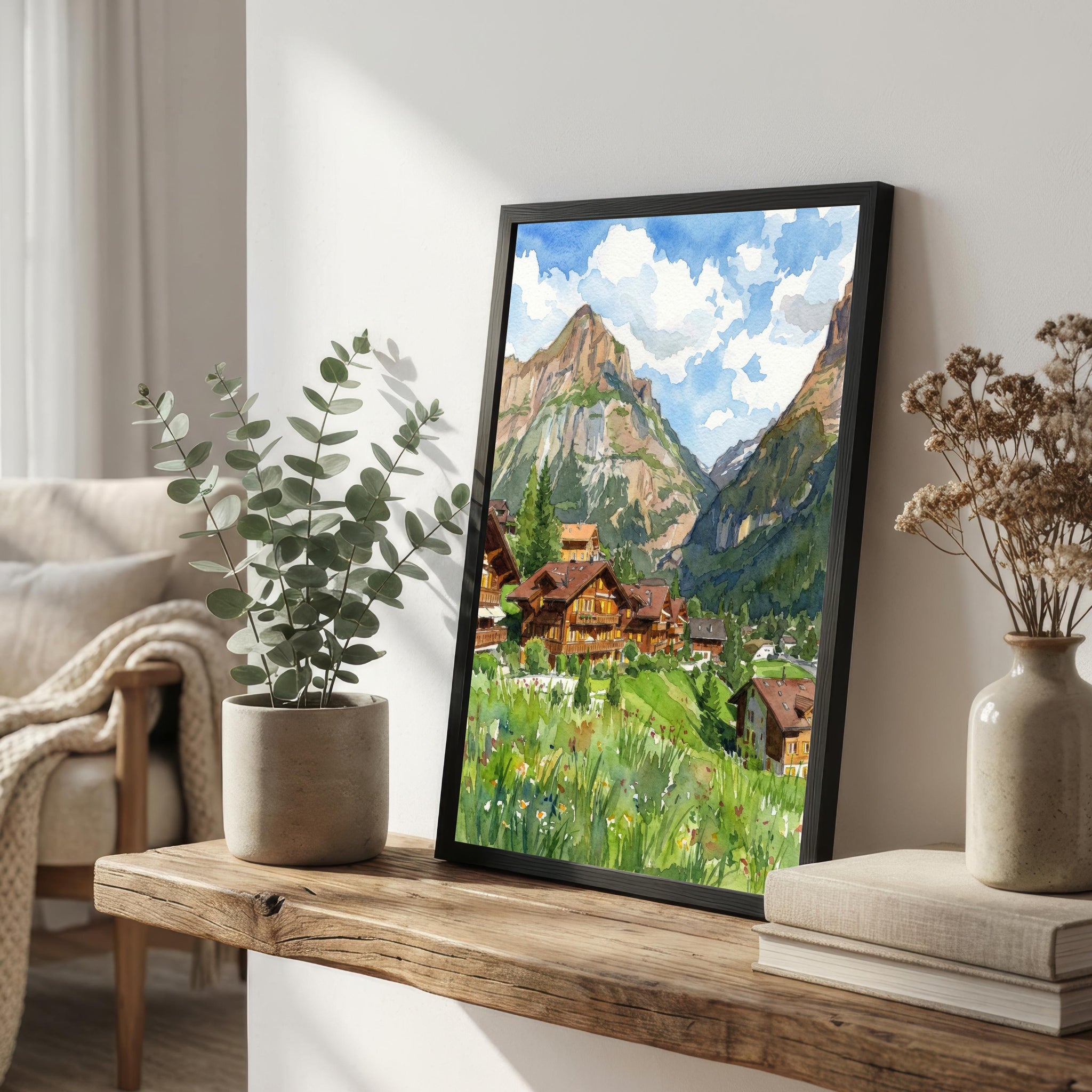 Grindelwald Watercolour Painting Poster Switzerland Wall Art Alpine Mountain Landscape Print Gift for Europe Travel Lovers and Scenic Decor