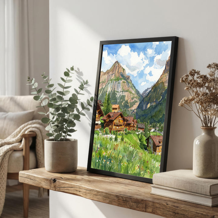 Grindelwald Watercolour Painting Poster Switzerland Wall Art Alpine Mountain Landscape Print Gift for Europe Travel Lovers and Scenic Decor