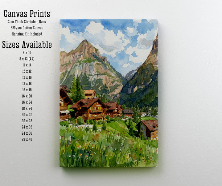 Grindelwald Watercolour Painting Poster Switzerland Wall Art Alpine Mountain Landscape Print Gift for Europe Travel Lovers and Scenic Decor