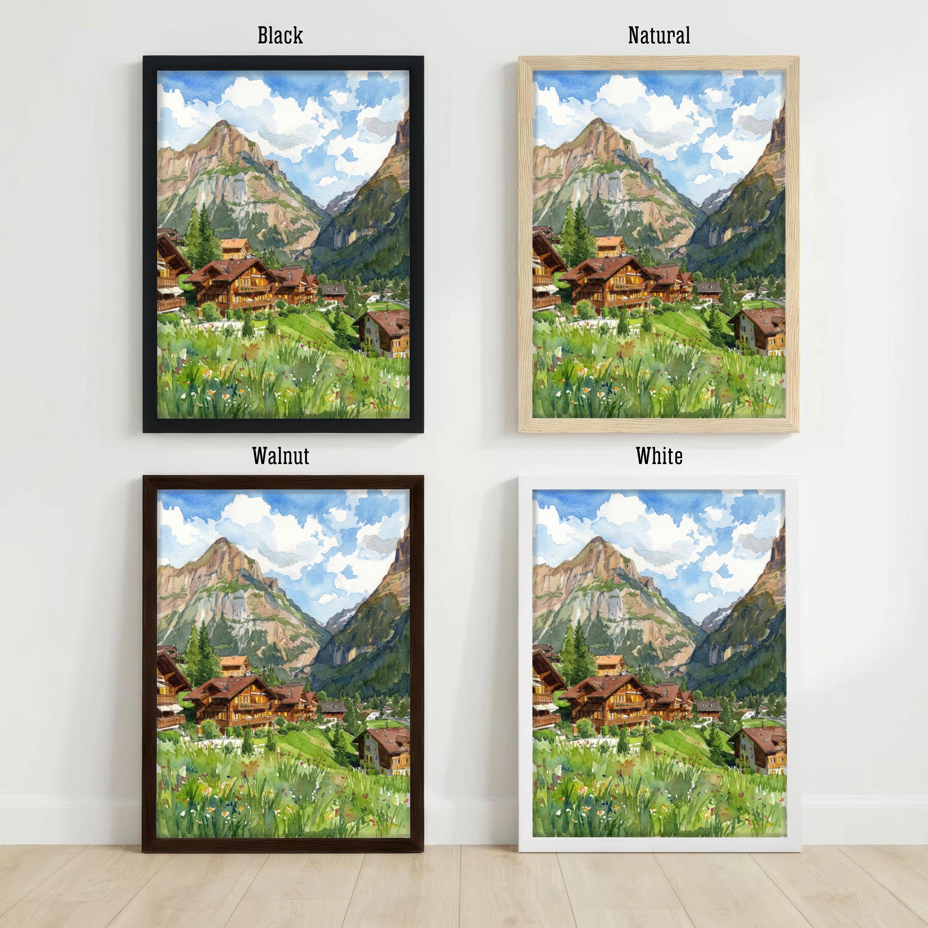 Grindelwald Watercolour Painting Poster Switzerland Wall Art Alpine Mountain Landscape Print Gift for Europe Travel Lovers and Scenic Decor