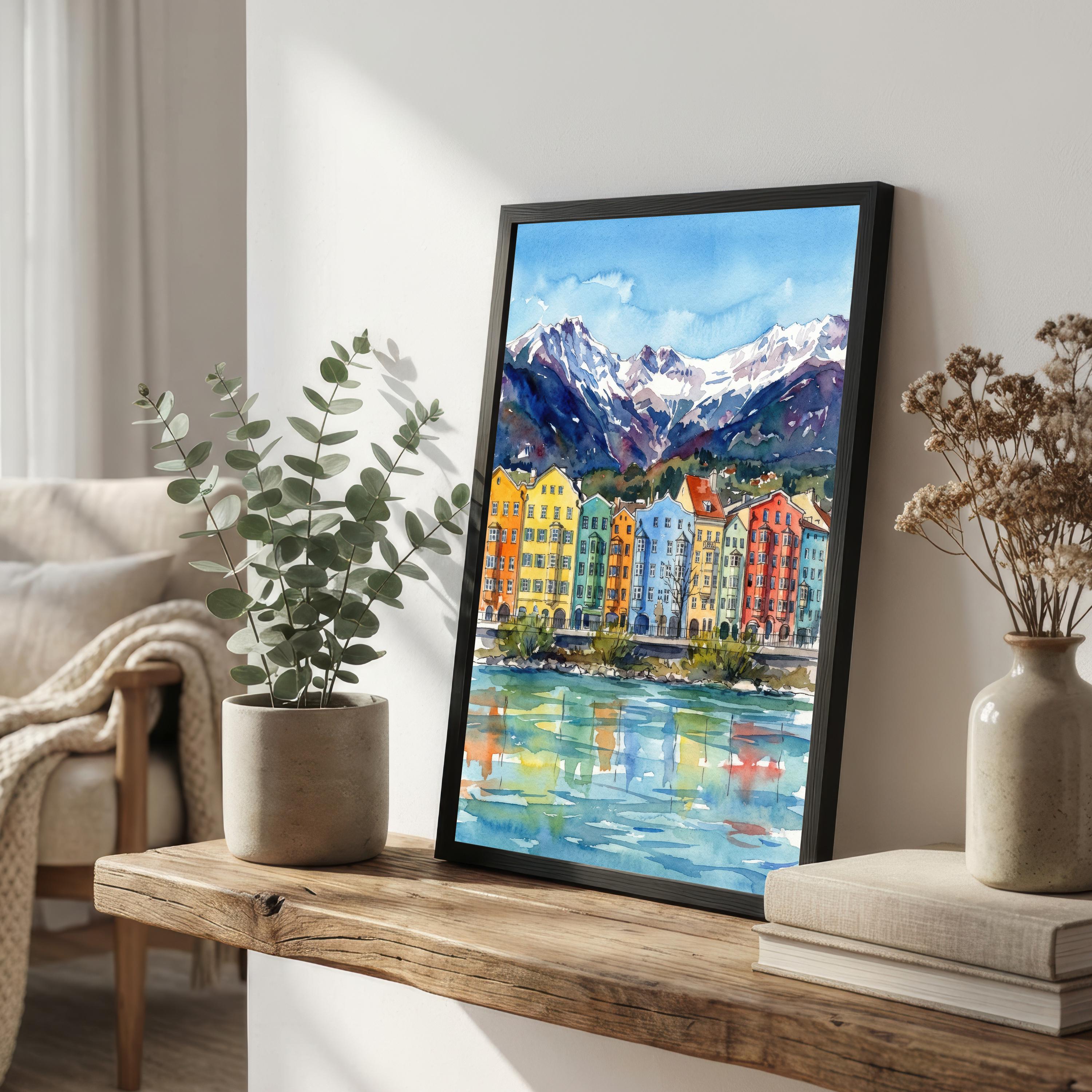 Innsbruck Watercolour Painting Print: Alpine City Mountain Landscape Wall Art