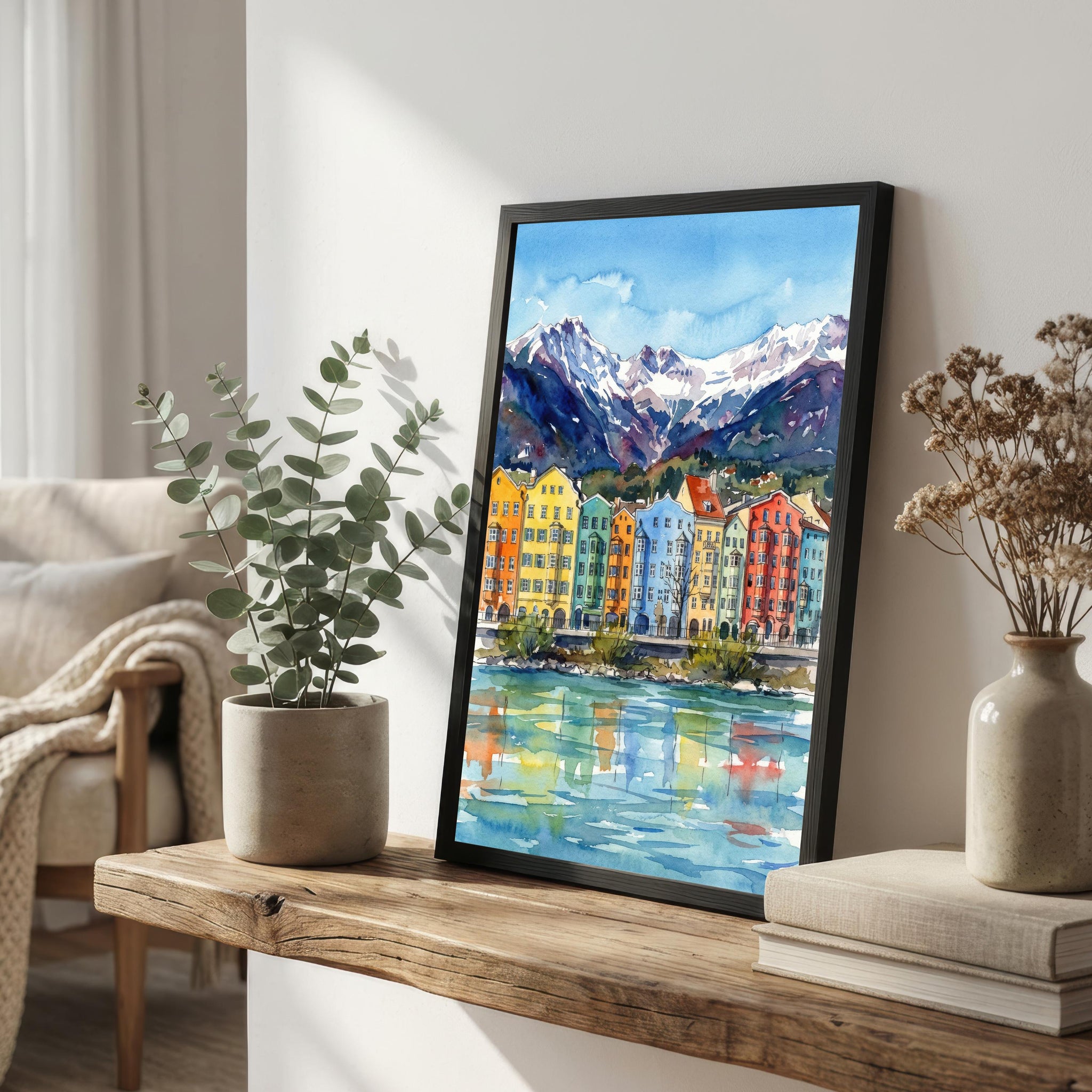 Innsbruck Watercolour Painting Print: Alpine City Mountain Landscape Wall Art
