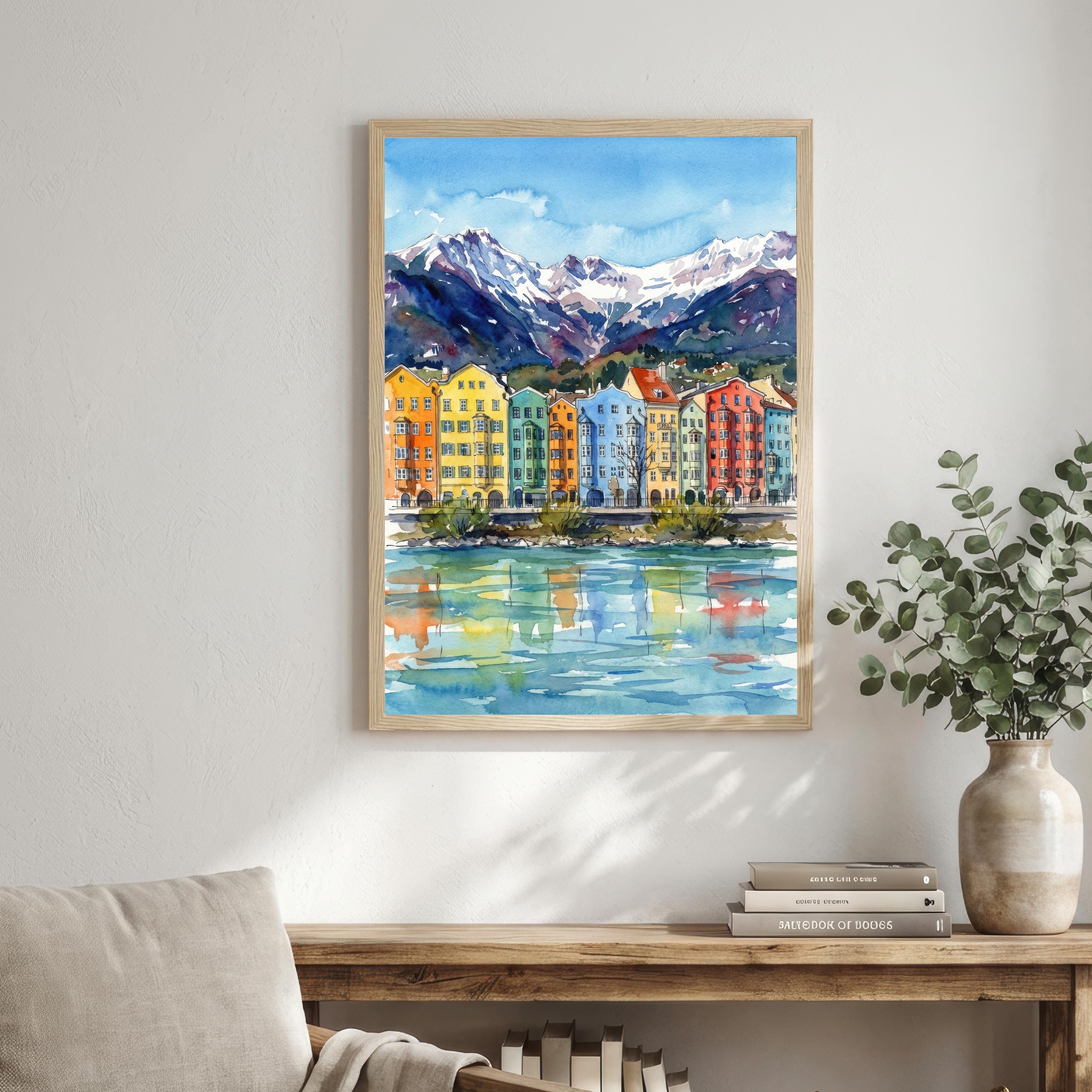 Innsbruck Watercolour Painting Print: Alpine City Mountain Landscape Wall Art