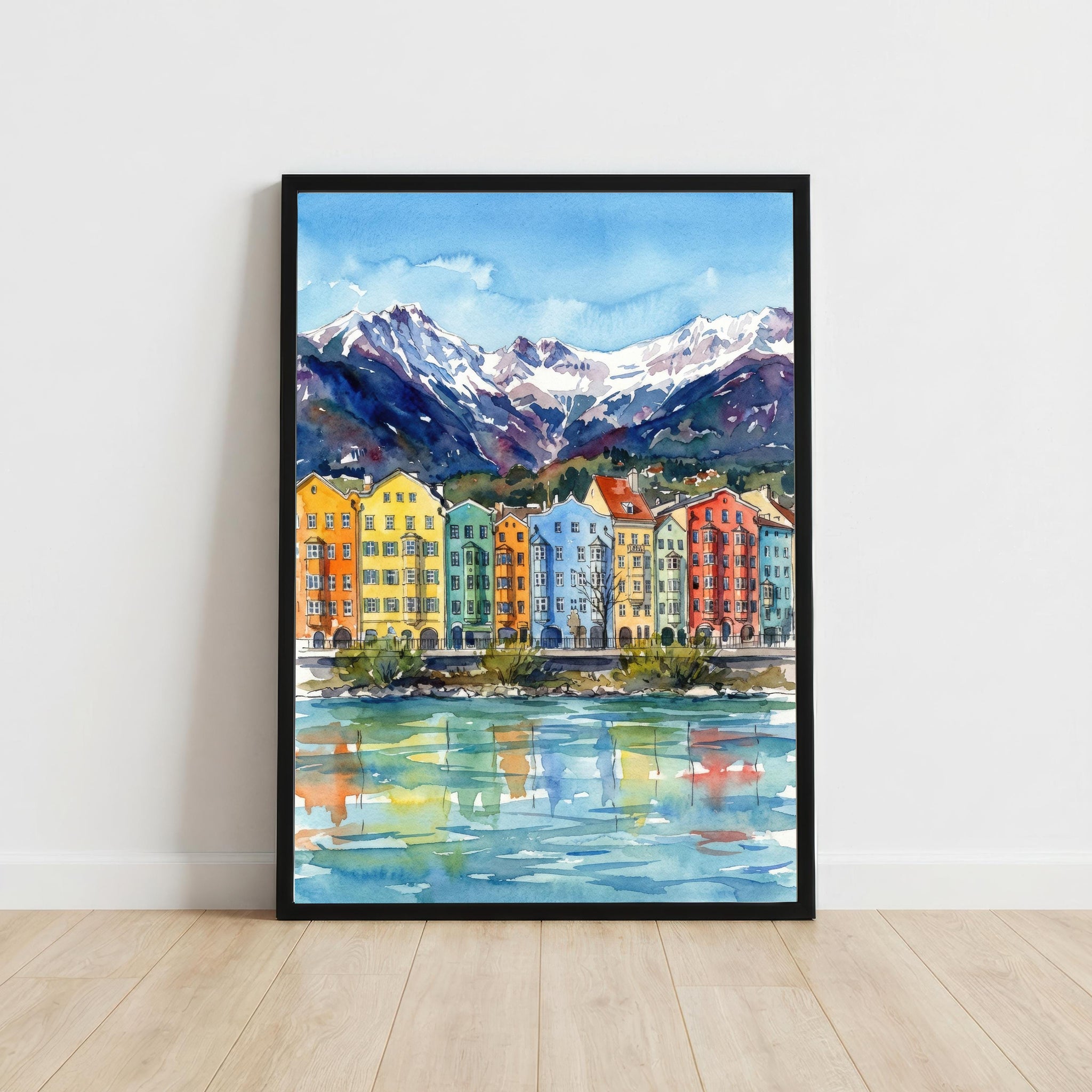 Innsbruck Watercolour Painting Print: Alpine City Mountain Landscape Wall Art