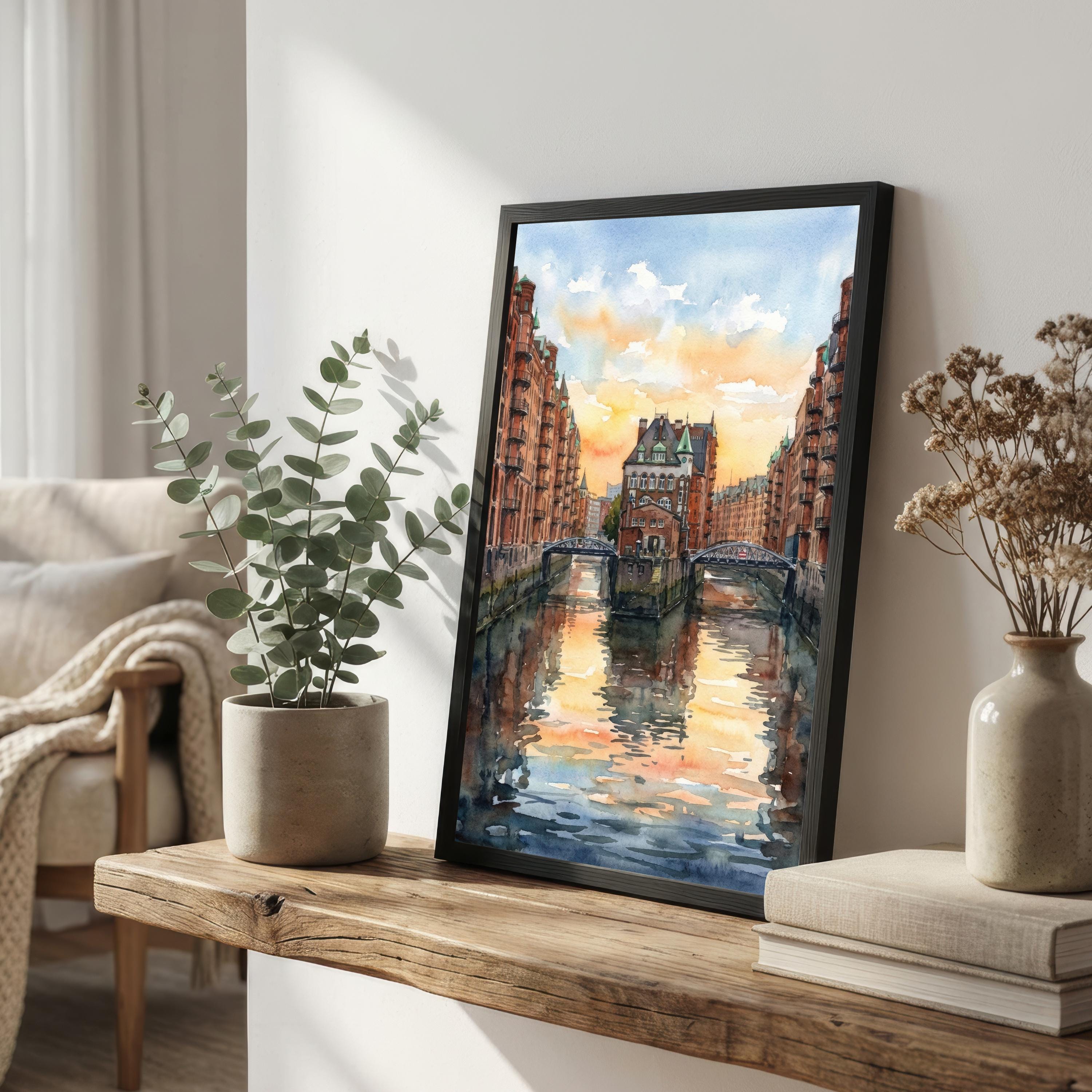 Hamburg Watercolour Painting: City Skyline Landscape Print for Europe Travel Lovers