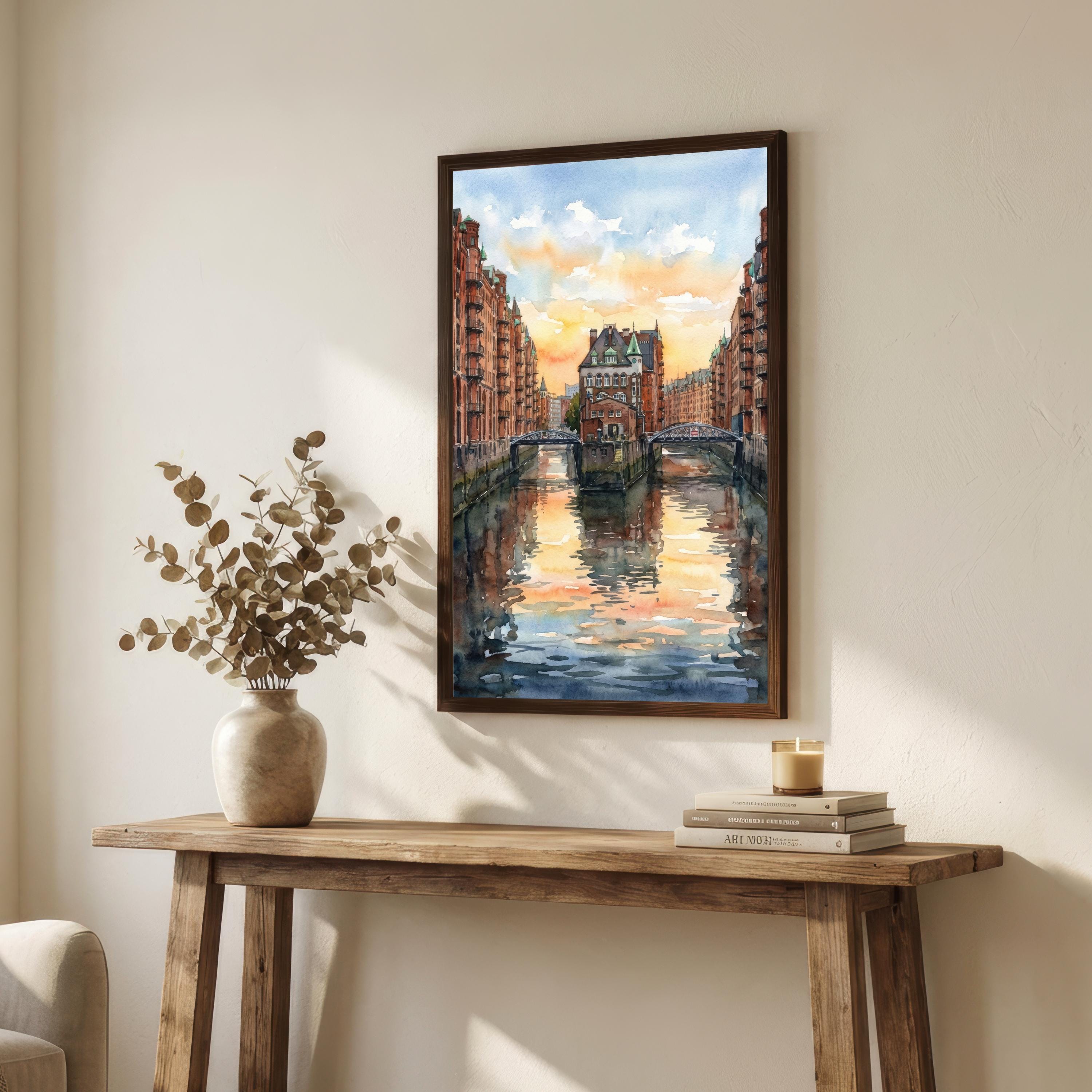 Hamburg Watercolour Painting: City Skyline Landscape Print for Europe Travel Lovers