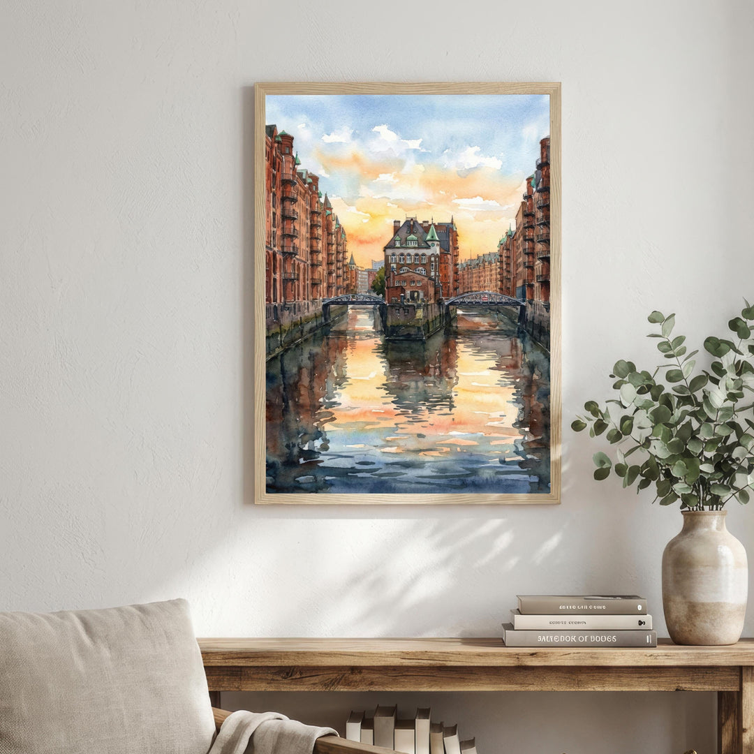 Hamburg Watercolour Painting Poster Germany Wall Art City Skyline Landscape Print Gift for Europe Travel Lovers and Fans of Scenic Urban