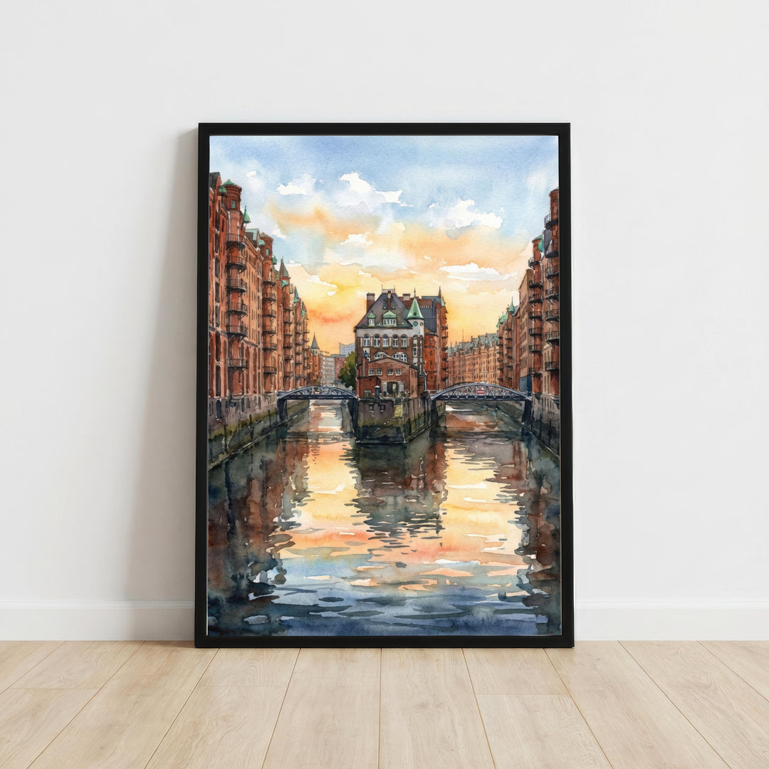 Hamburg Watercolour Painting Poster Germany Wall Art City Skyline Landscape Print Gift for Europe Travel Lovers and Fans of Scenic Urban