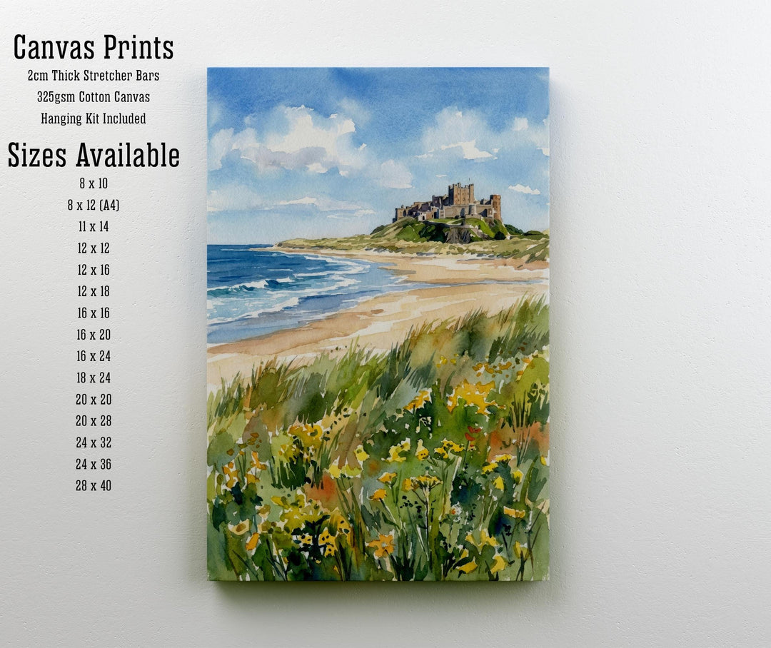 Bamburgh Castle Watercolour Painting: Northumberland Coastal Landscape Print